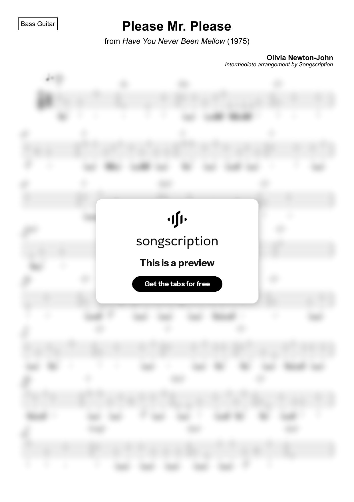 Intermediate Bass Guitar Tabs for "Please Mr. Please" by Olivia Newton-John