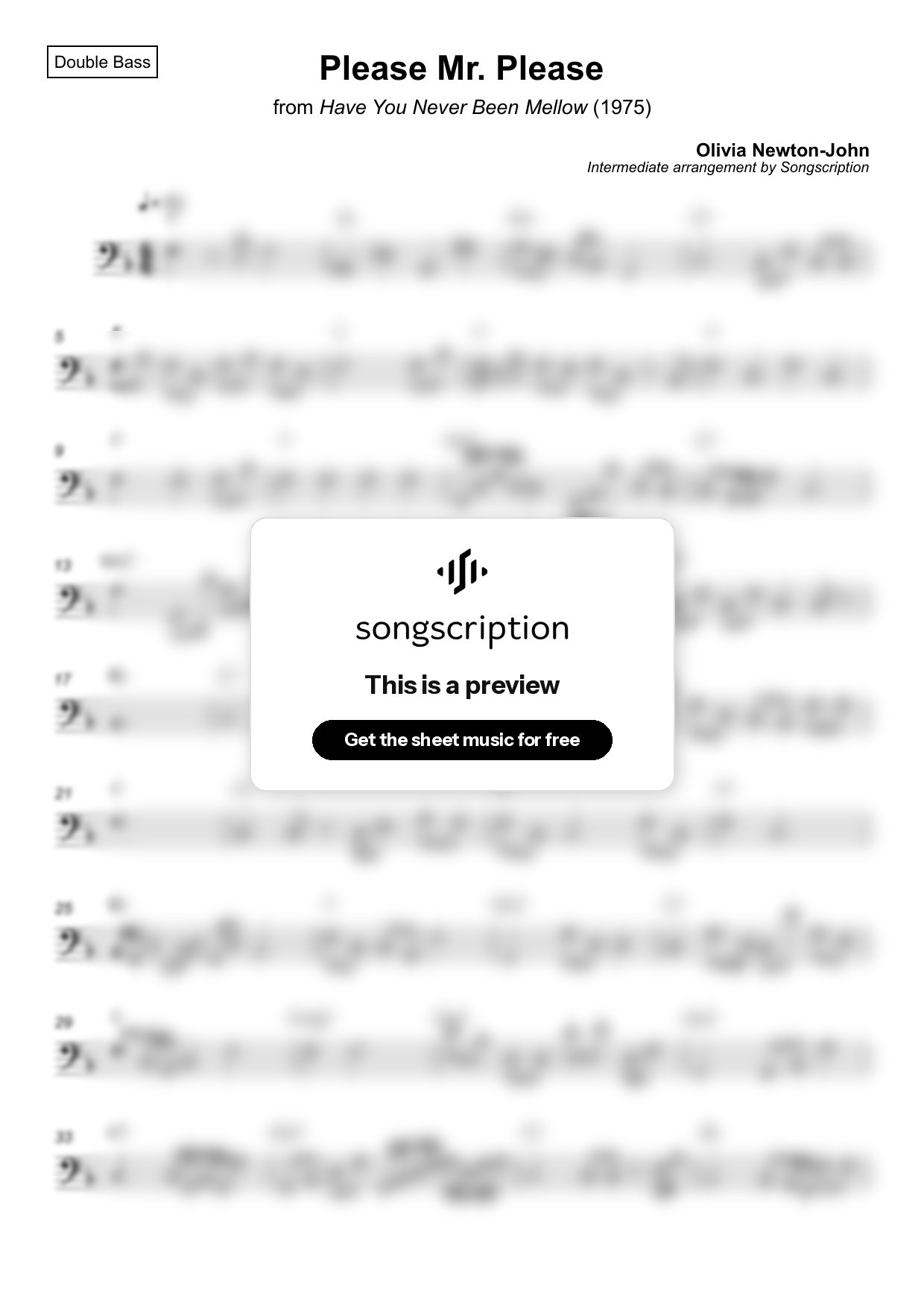 Intermediate Double Bass Sheet Music for "Please Mr. Please" by Olivia Newton-John