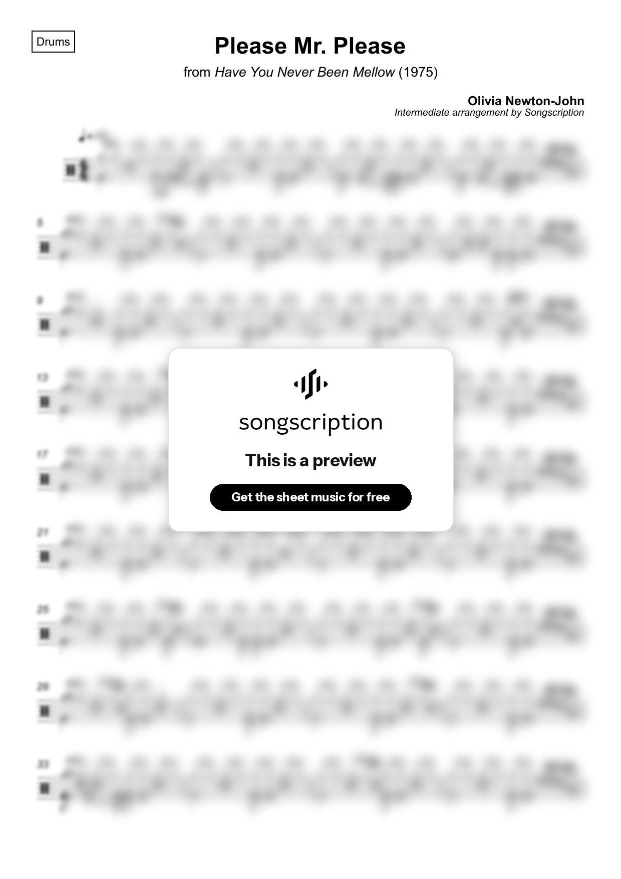 Intermediate Drums Sheet Music for "Please Mr. Please" by Olivia Newton-John
