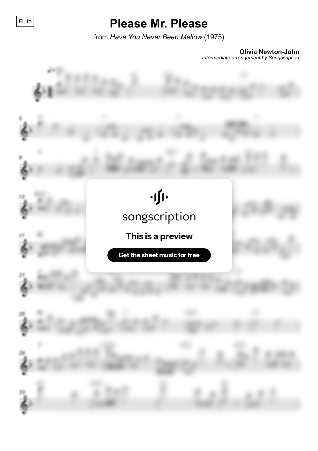 Intermediate Flute Sheet Music for "Please Mr. Please" by Olivia Newton-John