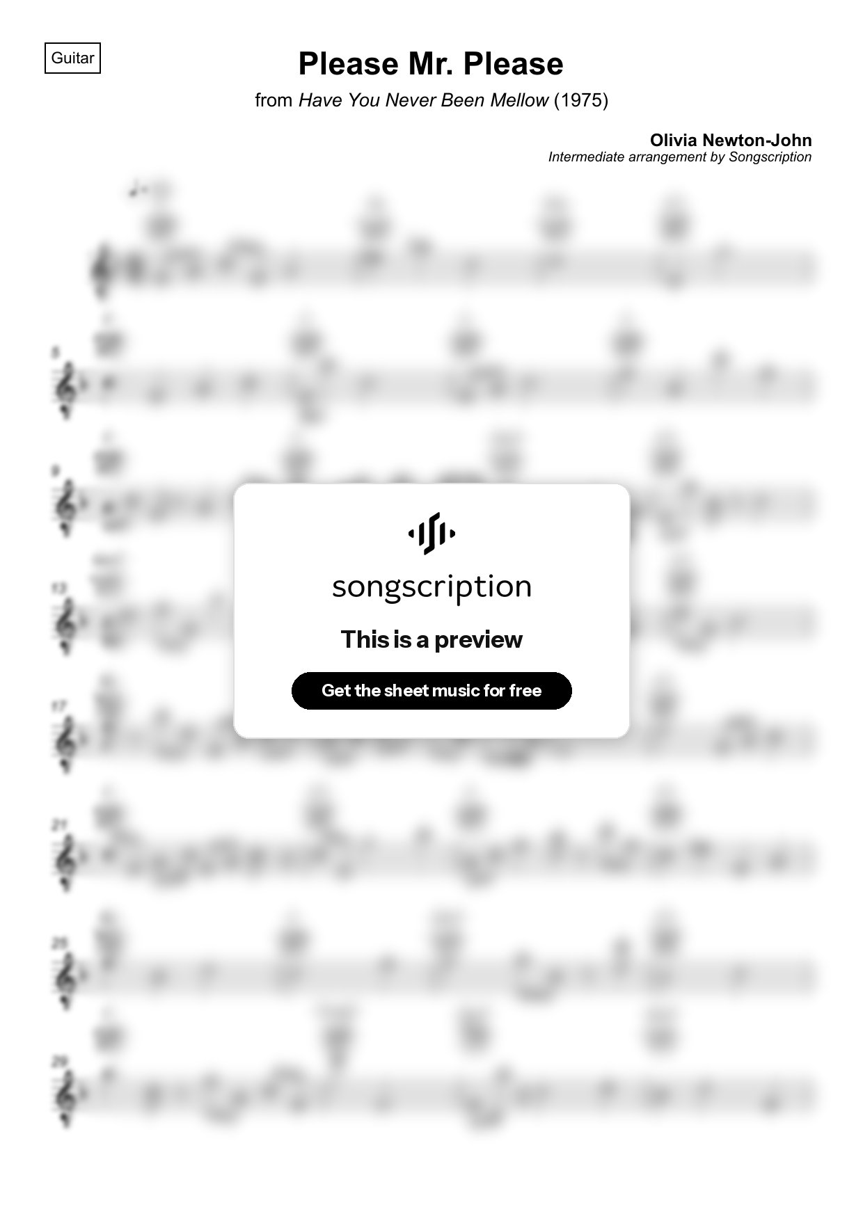 Intermediate Acoustic Guitar Sheet Music for "Please Mr. Please" by Olivia Newton-John