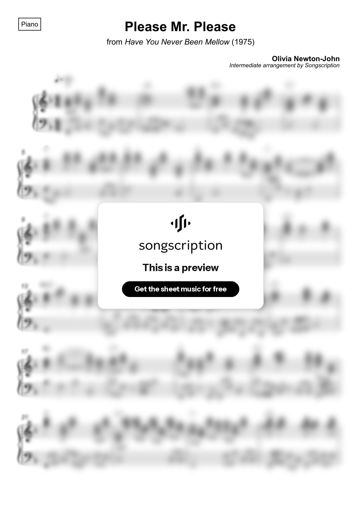 Intermediate Piano Sheet Music for "Please Mr. Please" by Olivia Newton-John