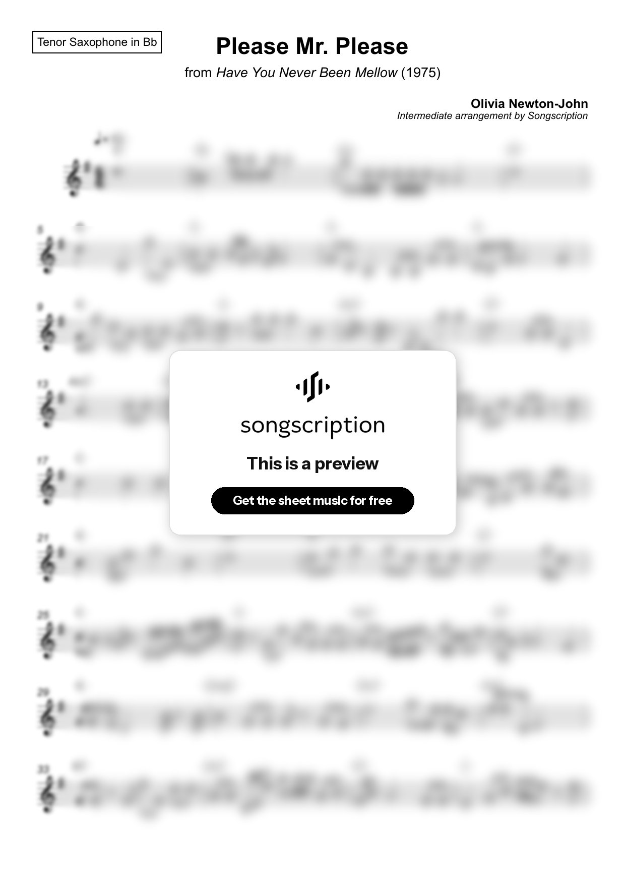 Intermediate Tenor Sax Sheet Music for "Please Mr. Please" by Olivia Newton-John