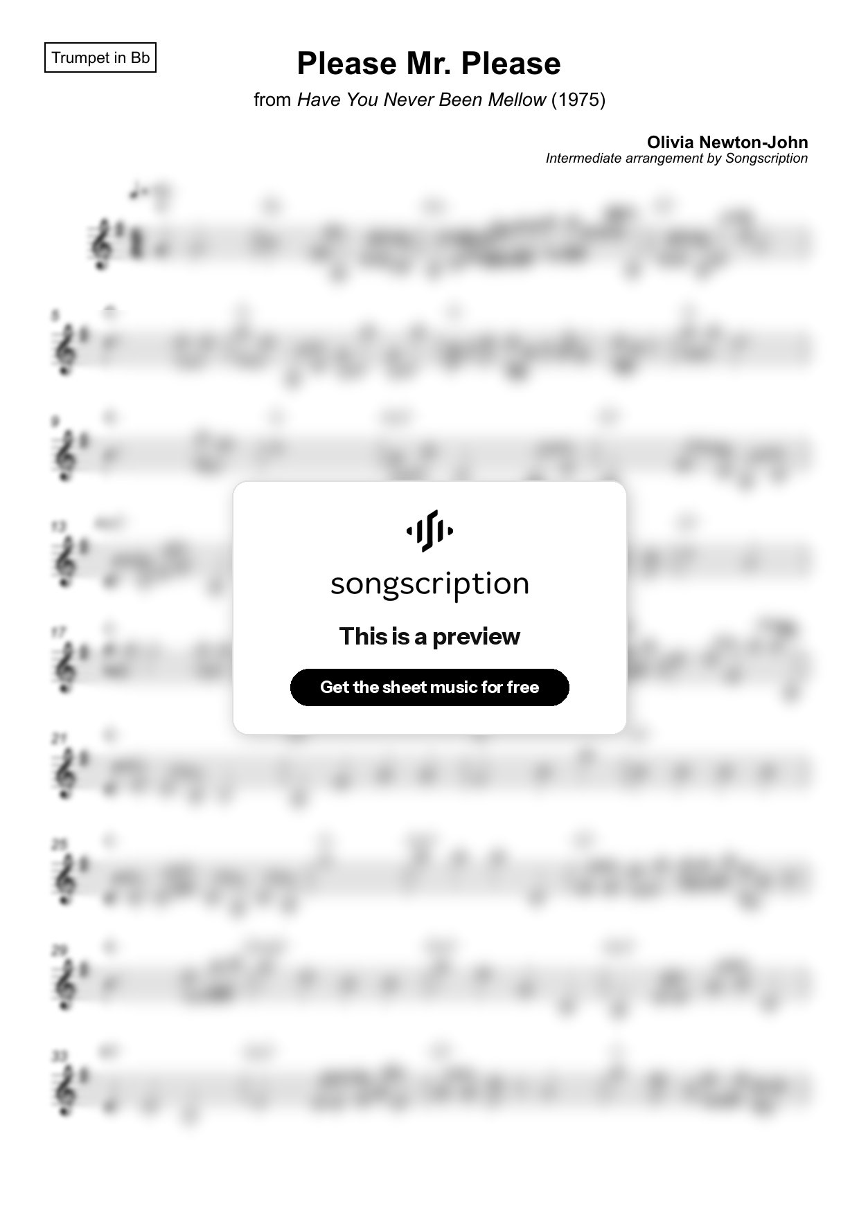 Intermediate Trumpet Sheet Music for "Please Mr. Please" by Olivia Newton-John