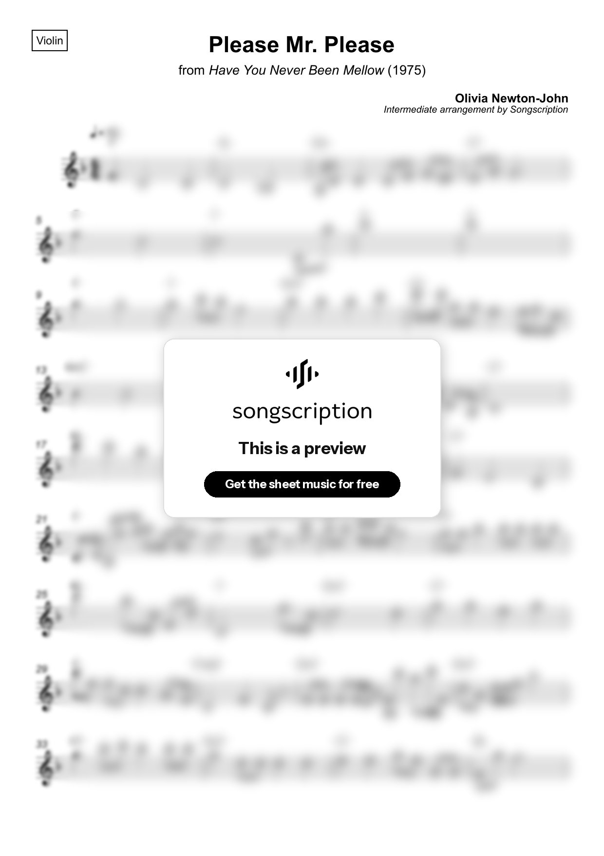 Intermediate Violin Sheet Music for "Please Mr. Please" by Olivia Newton-John