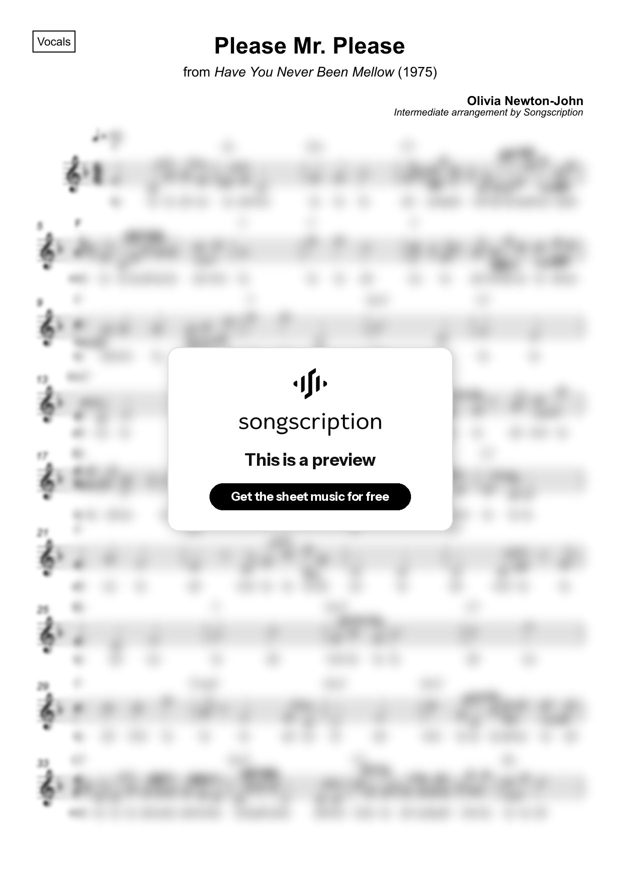 Intermediate Vocals Sheet Music for "Please Mr. Please" by Olivia Newton-John