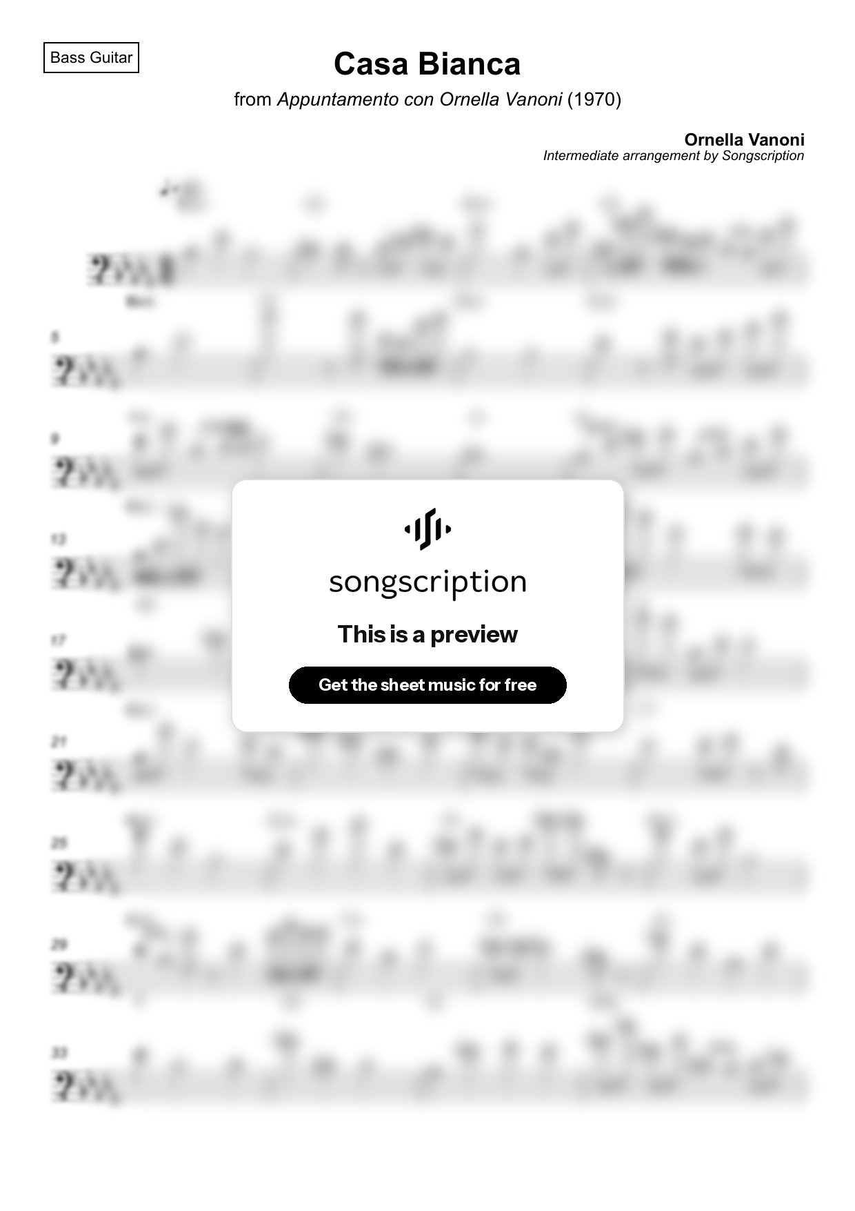 Intermediate Bass Guitar Sheet Music for "Casa Bianca" by Ornella Vanoni