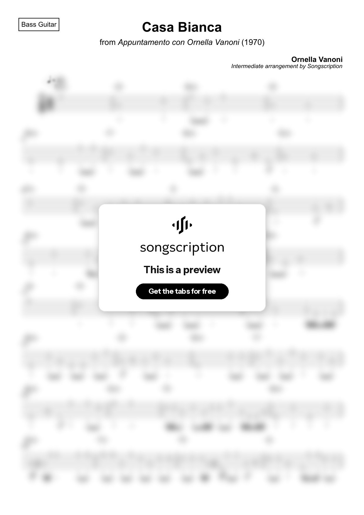Intermediate Bass Guitar Tabs for "Casa Bianca" by Ornella Vanoni
