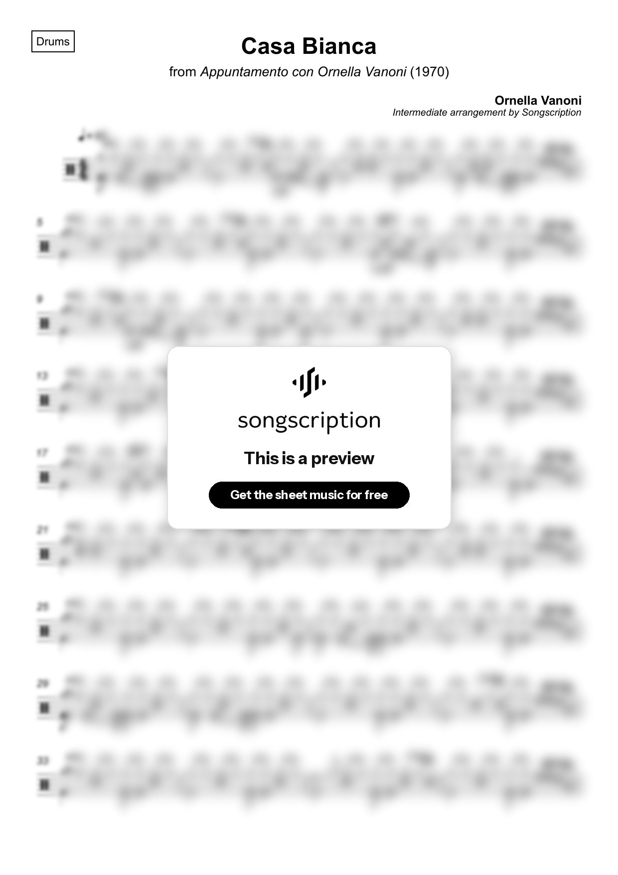 Intermediate Drums Sheet Music for "Casa Bianca" by Ornella Vanoni