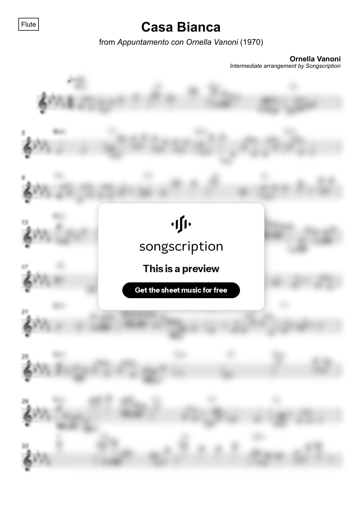 Intermediate Flute Sheet Music for "Casa Bianca" by Ornella Vanoni