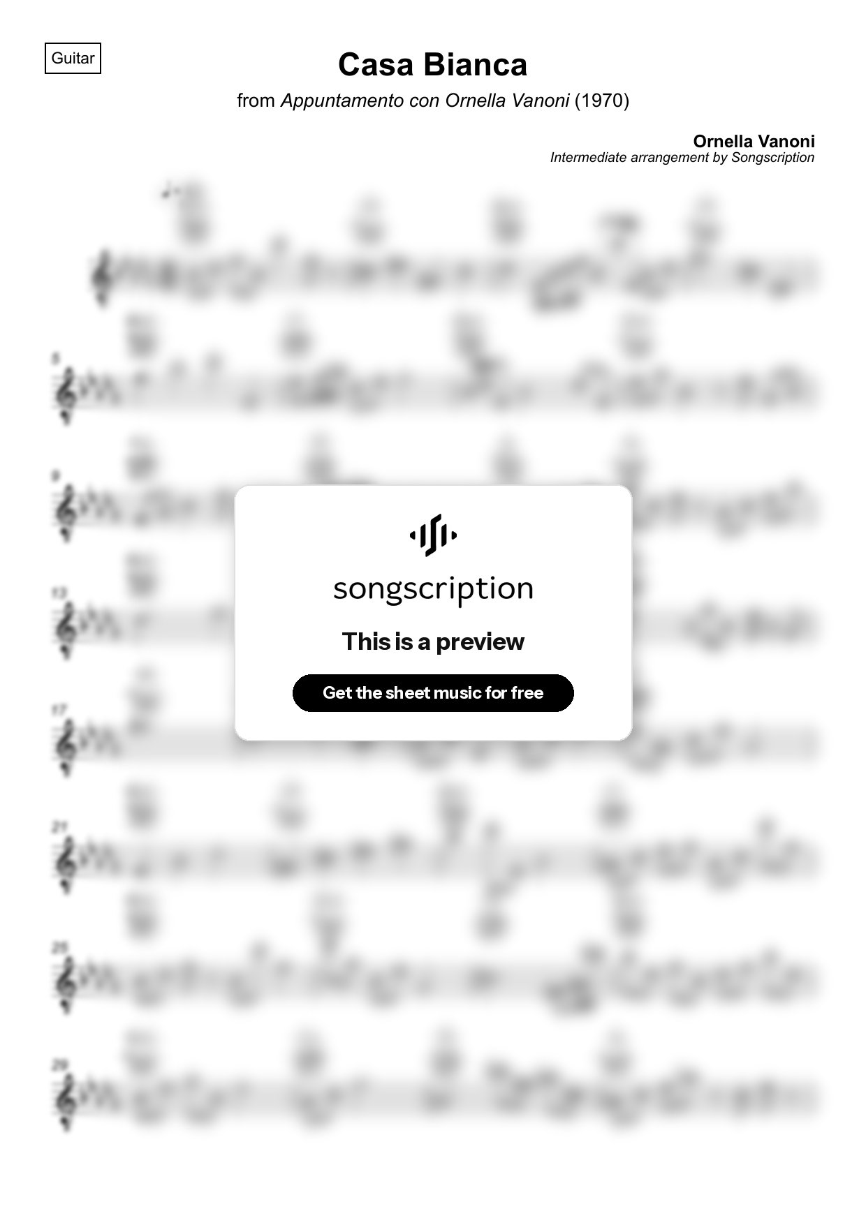 Intermediate Acoustic Guitar Sheet Music for "Casa Bianca" by Ornella Vanoni