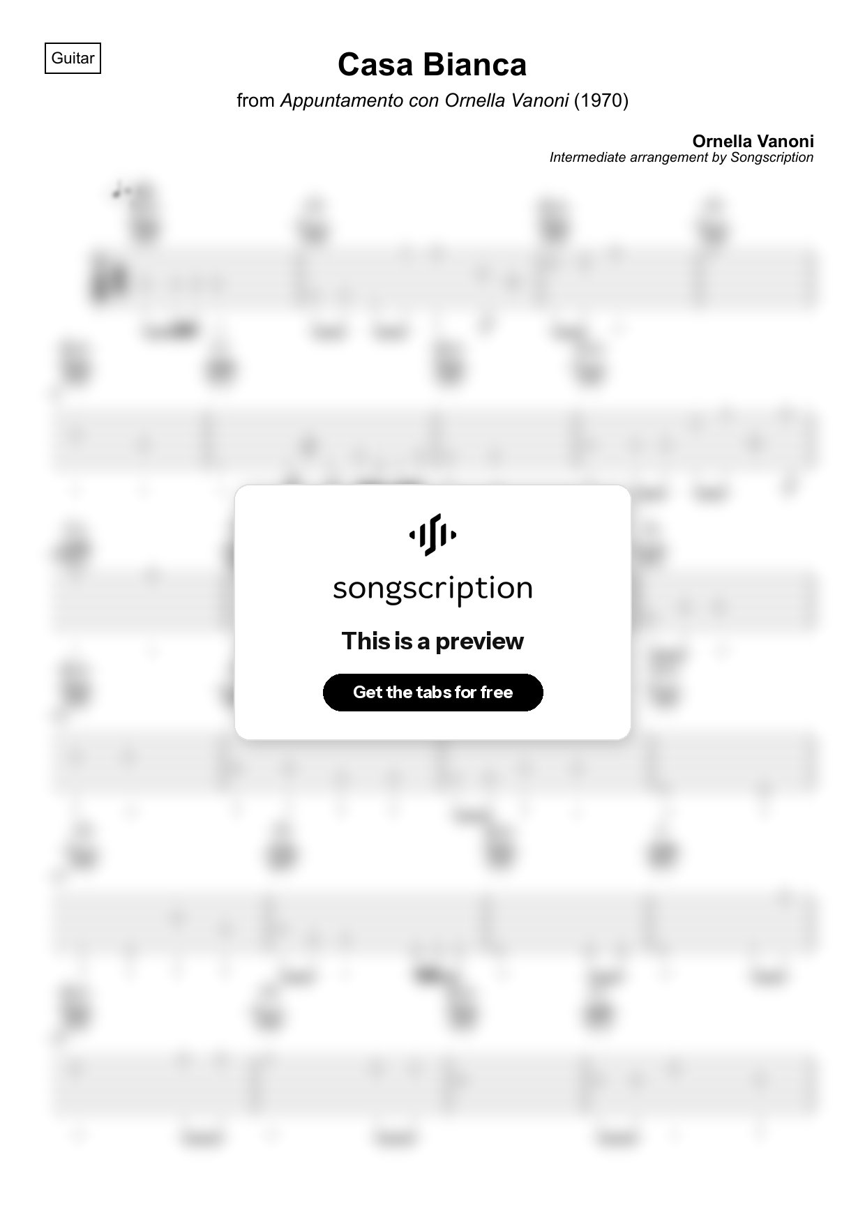 Intermediate Acoustic Guitar Tabs for "Casa Bianca" by Ornella Vanoni
