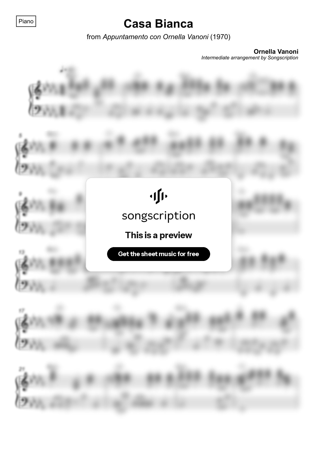 Intermediate Piano Sheet Music for "Casa Bianca" by Ornella Vanoni