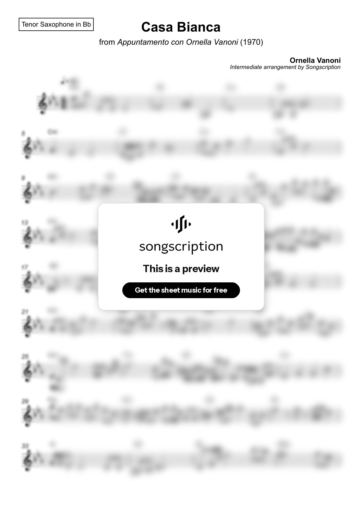 Intermediate Tenor Sax Sheet Music for "Casa Bianca" by Ornella Vanoni