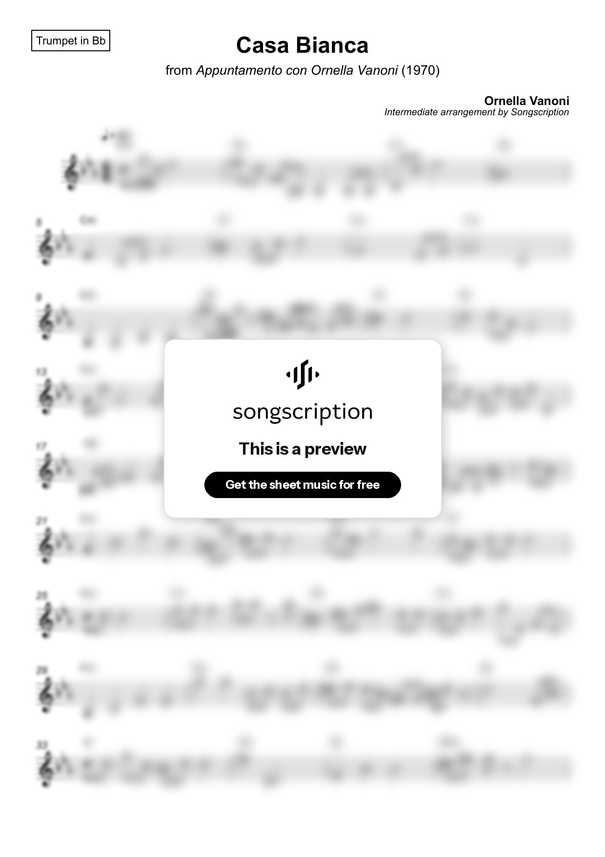 Intermediate Trumpet Sheet Music for "Casa Bianca" by Ornella Vanoni