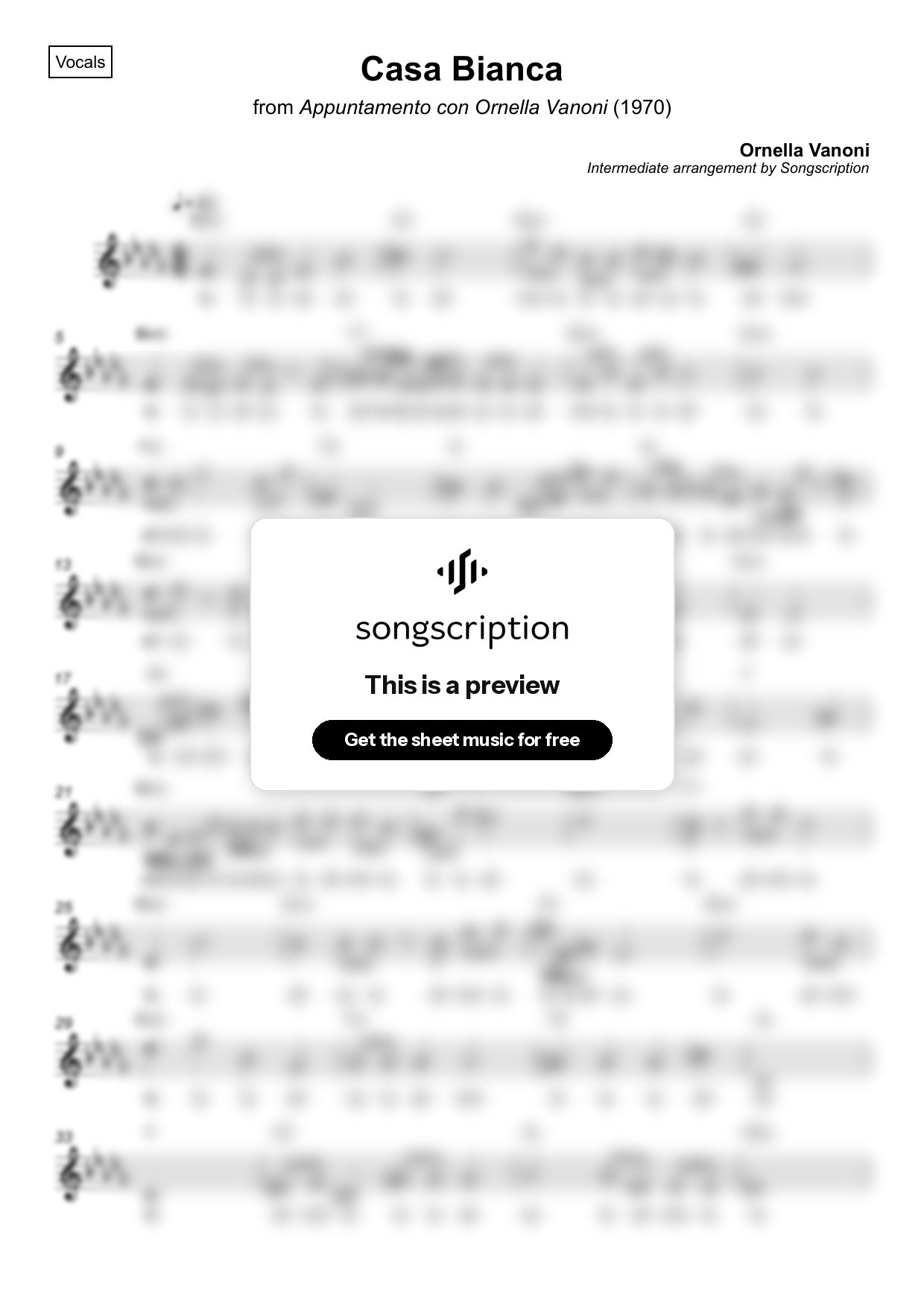 Intermediate Vocals Sheet Music for "Casa Bianca" by Ornella Vanoni