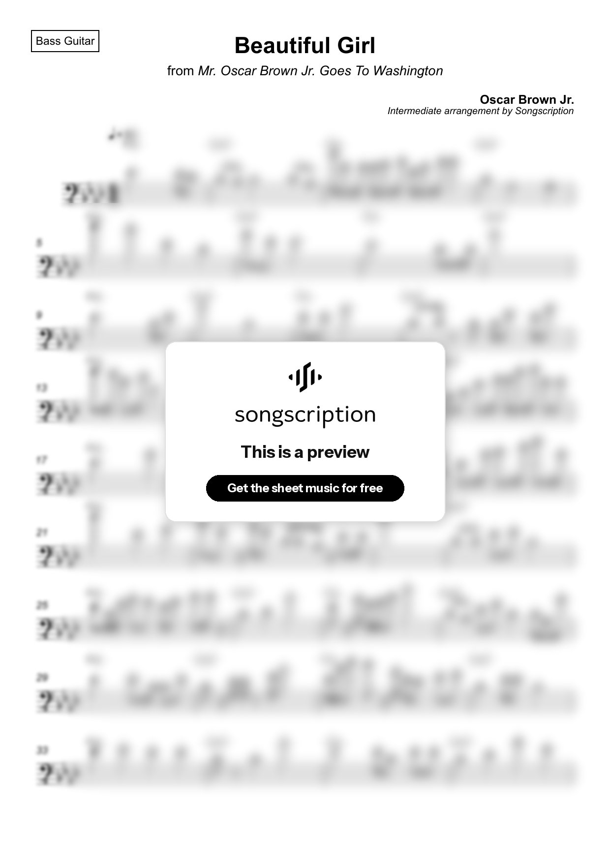 Intermediate Bass Guitar Sheet Music for "Beautiful Girl" by Oscar Brown Jr.