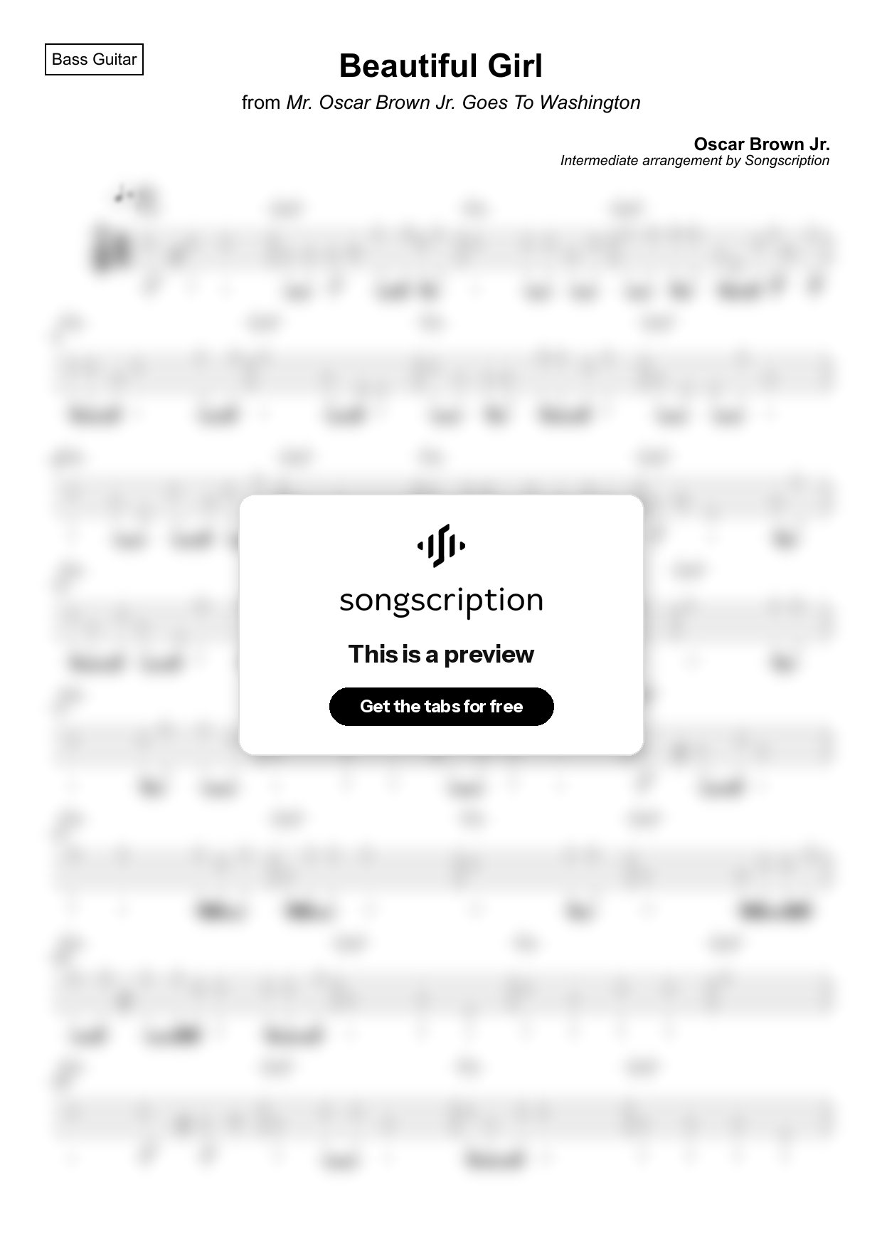 Intermediate Bass Guitar Tabs for "Beautiful Girl" by Oscar Brown Jr.