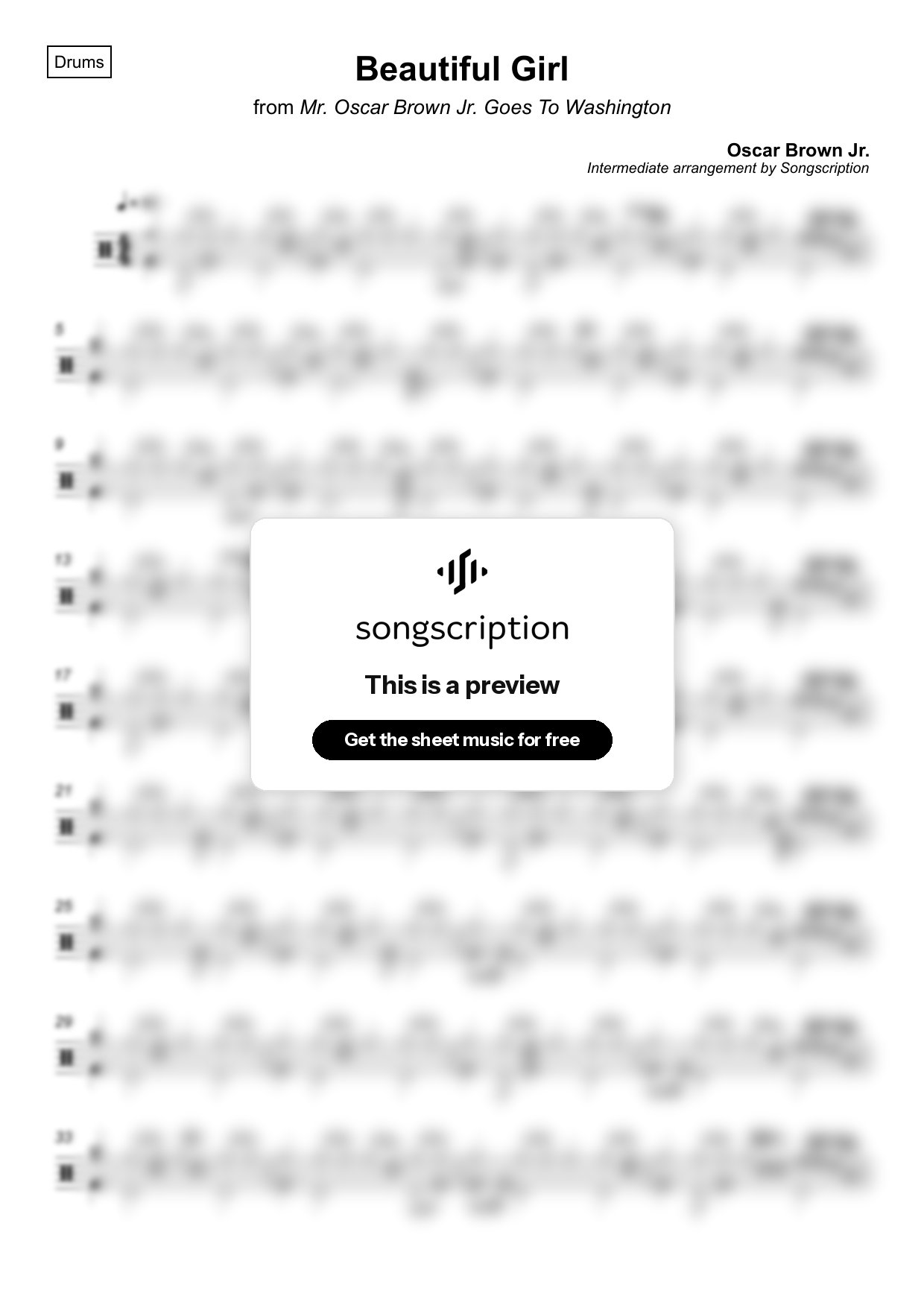Intermediate Drums Sheet Music for "Beautiful Girl" by Oscar Brown Jr.