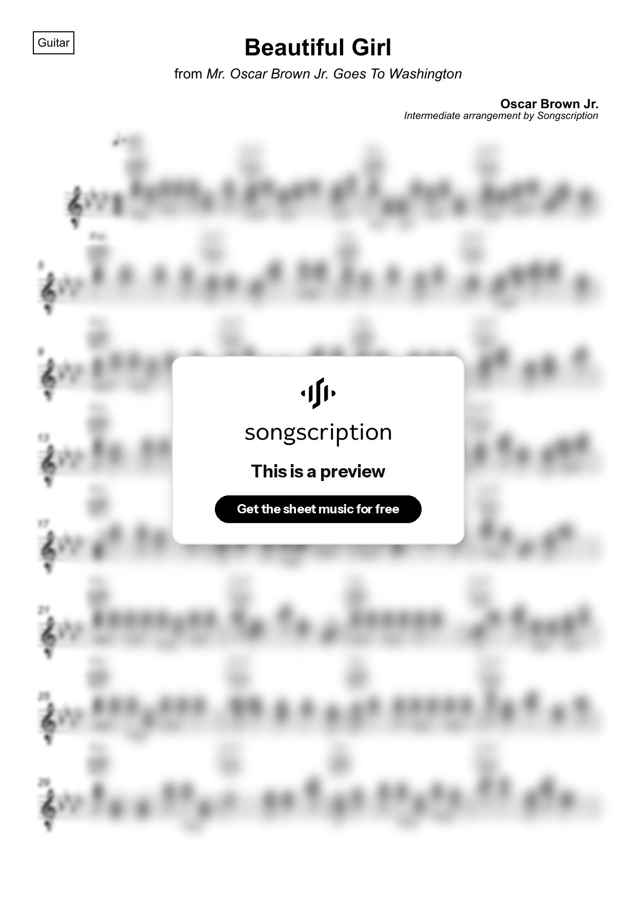 Intermediate Acoustic Guitar Sheet Music for "Beautiful Girl" by Oscar Brown Jr.