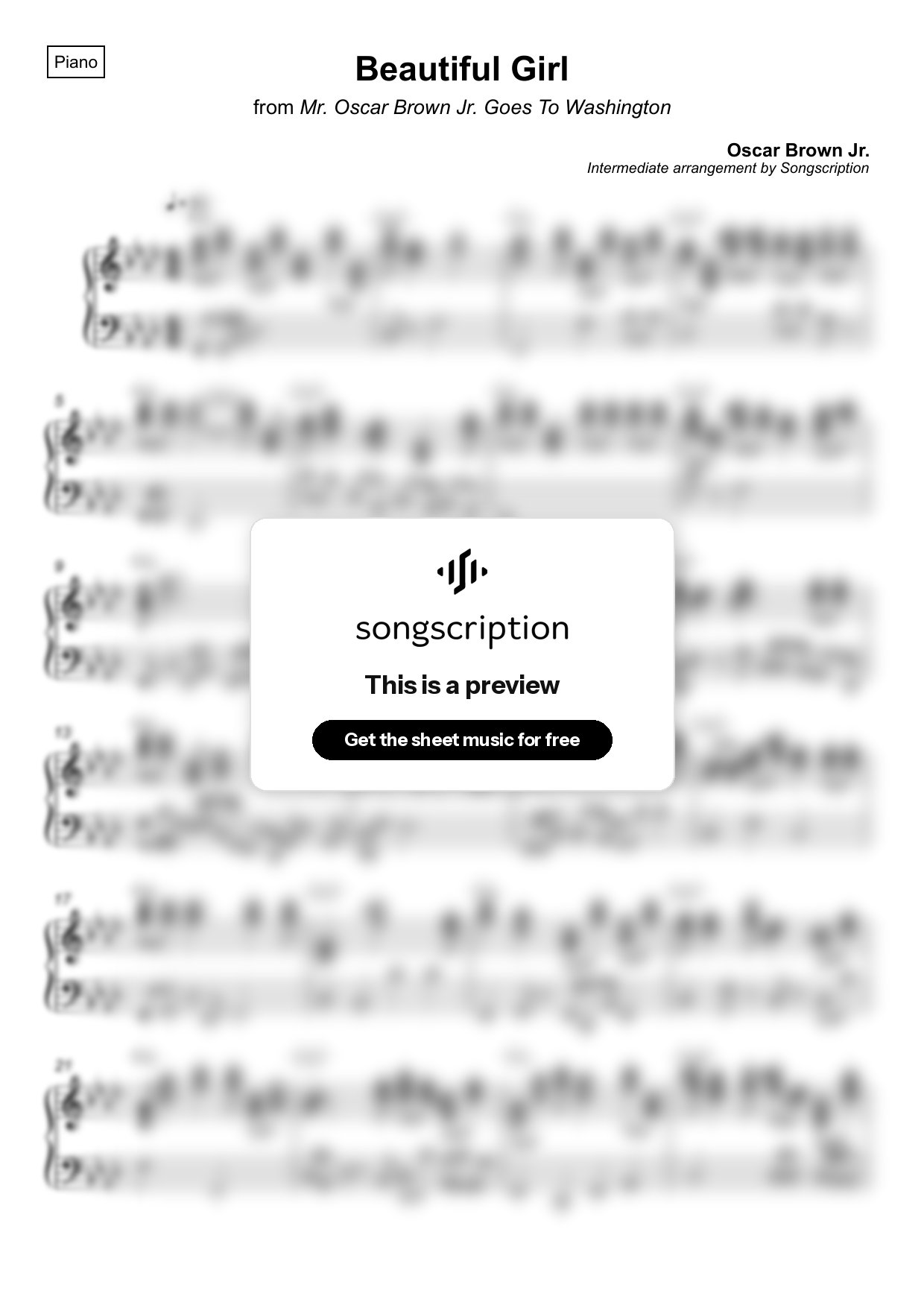 Intermediate Piano Sheet Music for "Beautiful Girl" by Oscar Brown Jr.