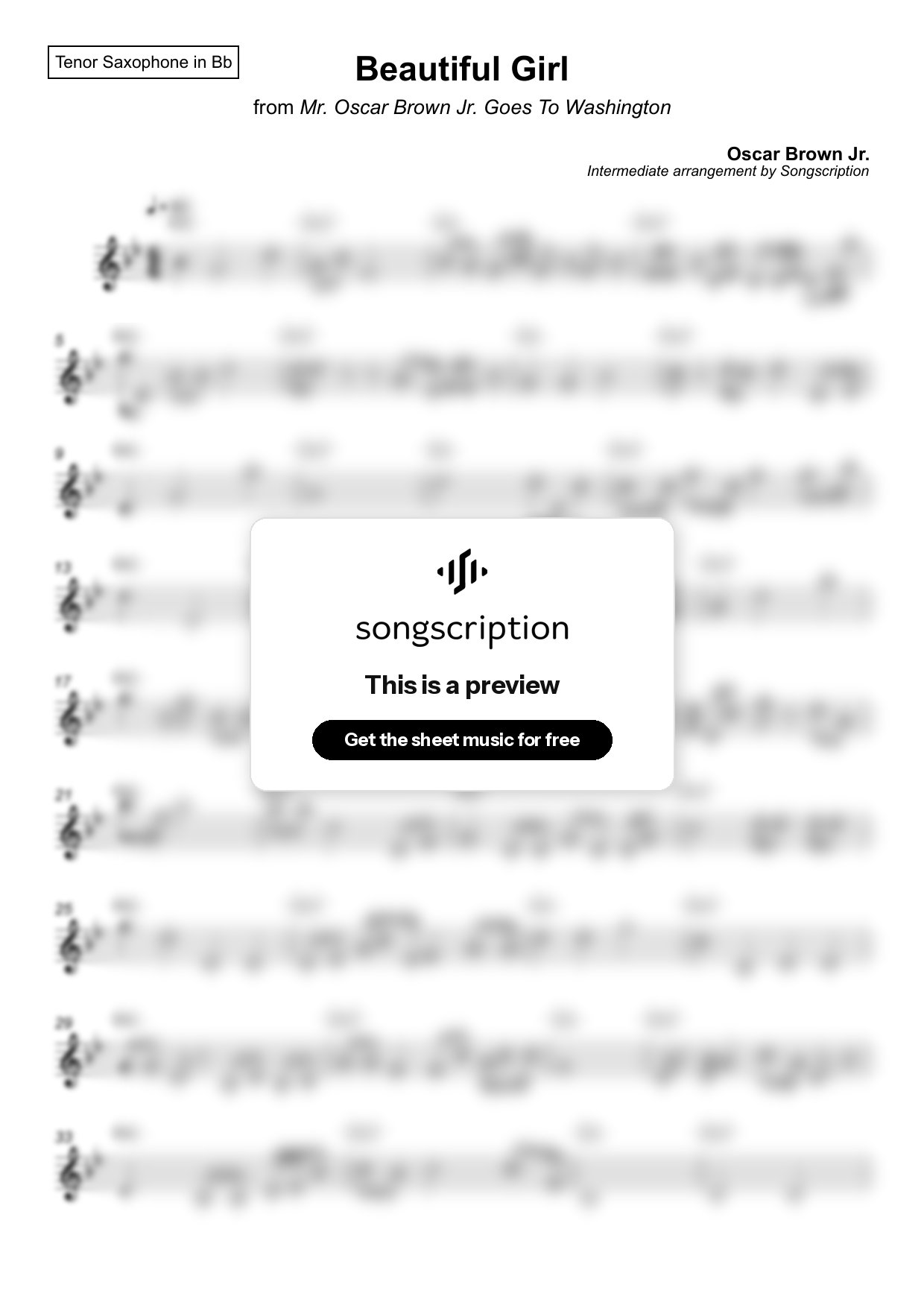 Intermediate Tenor Sax Sheet Music for "Beautiful Girl" by Oscar Brown Jr.