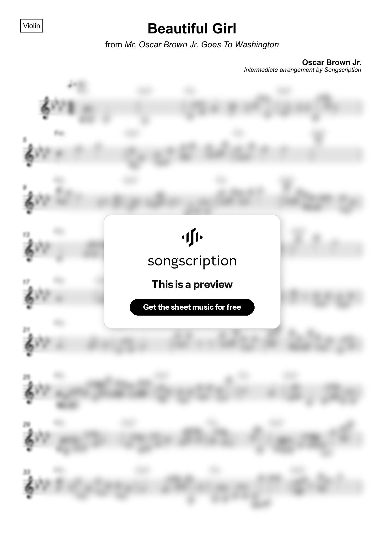 Intermediate Violin Sheet Music for "Beautiful Girl" by Oscar Brown Jr.