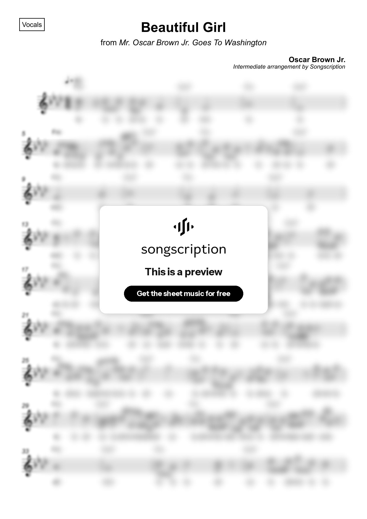 Intermediate Vocals Sheet Music for "Beautiful Girl" by Oscar Brown Jr.