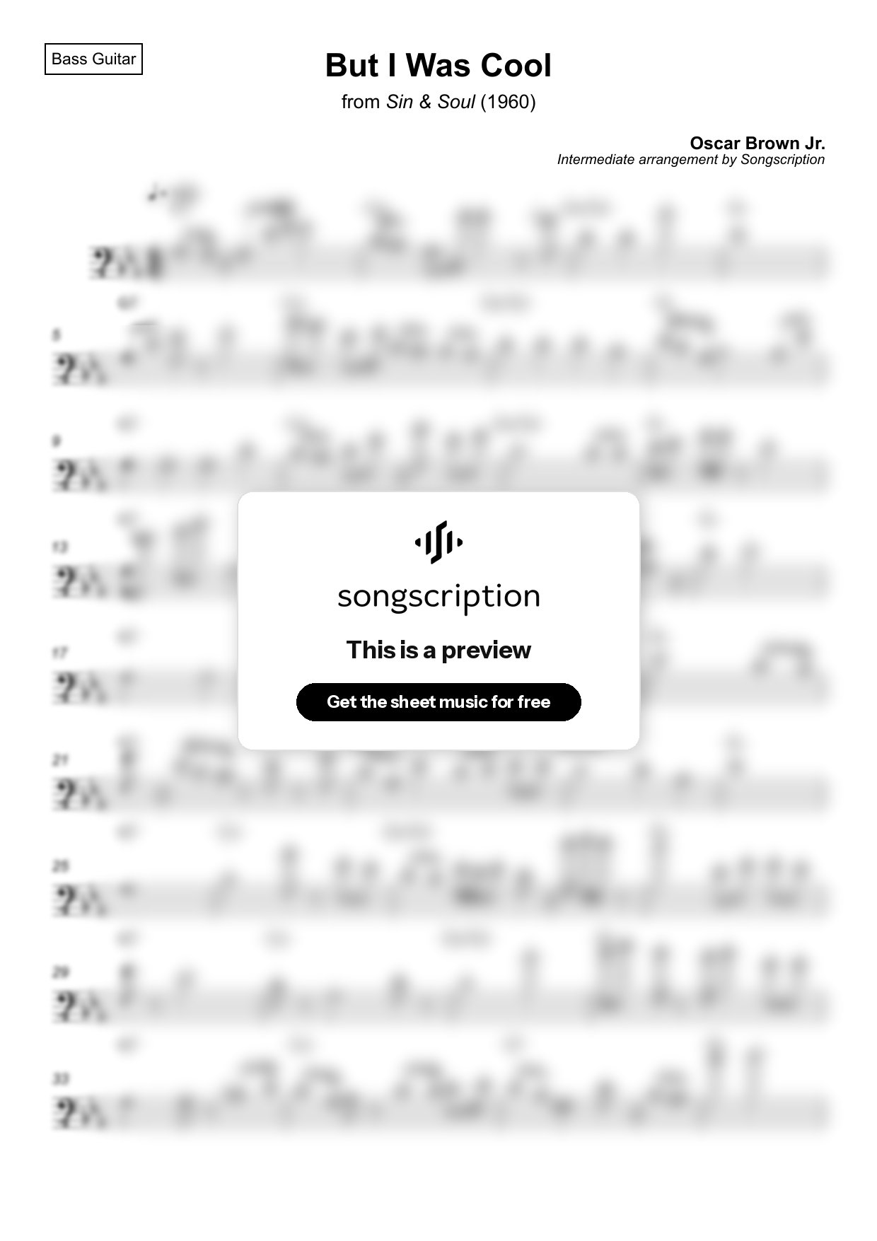 Intermediate Bass Guitar Sheet Music for "But I Was Cool" by Oscar Brown Jr.