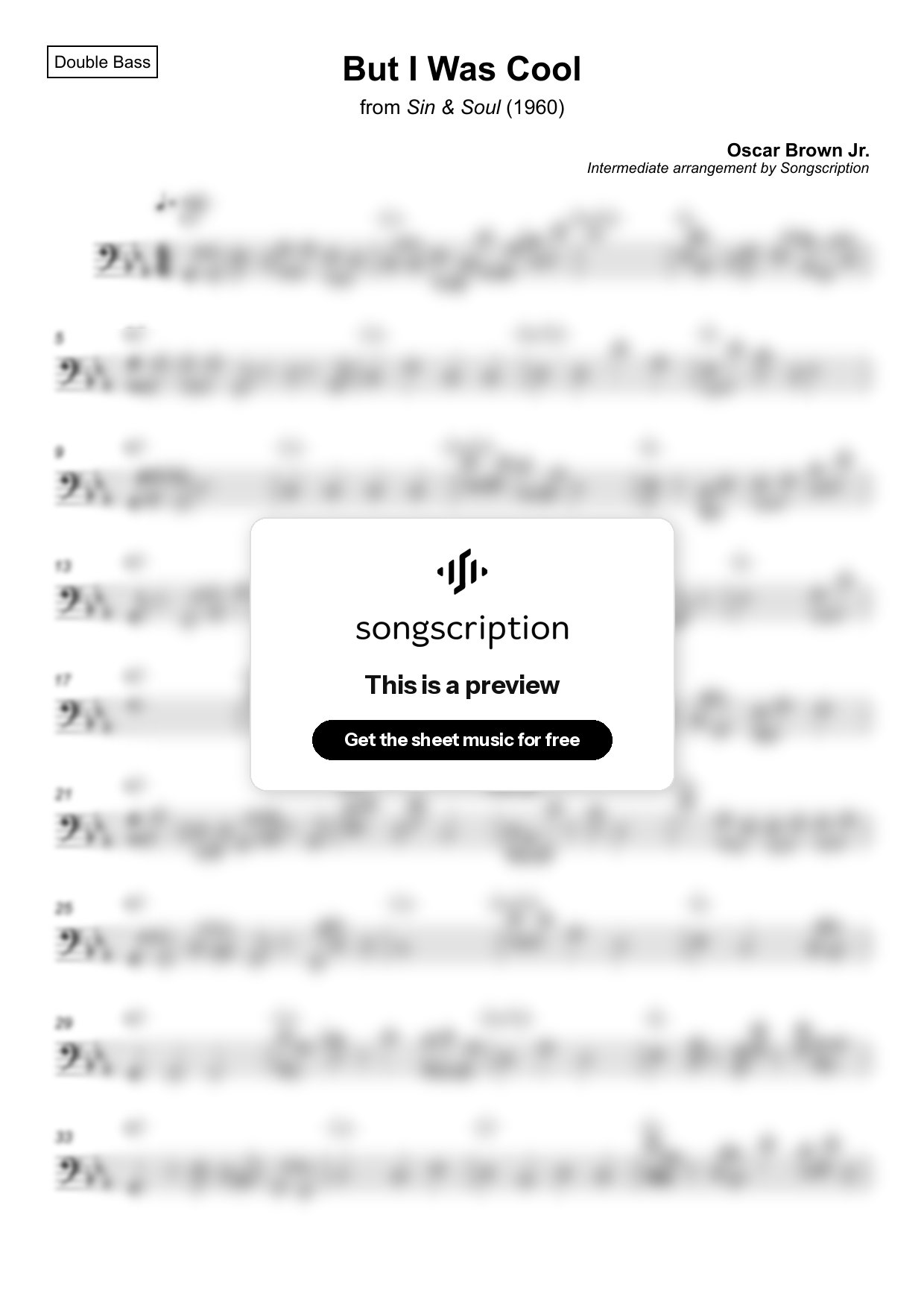 Intermediate Double Bass Sheet Music for "But I Was Cool" by Oscar Brown Jr.