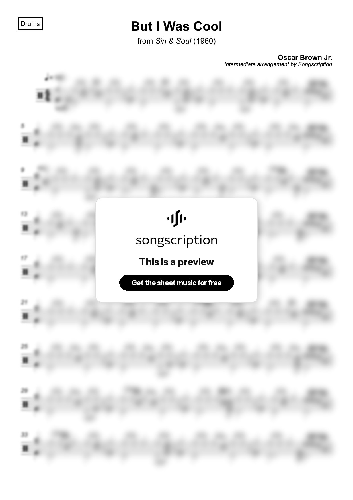 Intermediate Drums Sheet Music for "But I Was Cool" by Oscar Brown Jr.