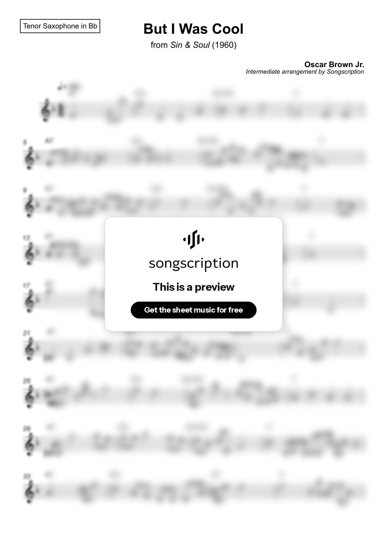 Intermediate Tenor Sax Sheet Music for "But I Was Cool" by Oscar Brown Jr.