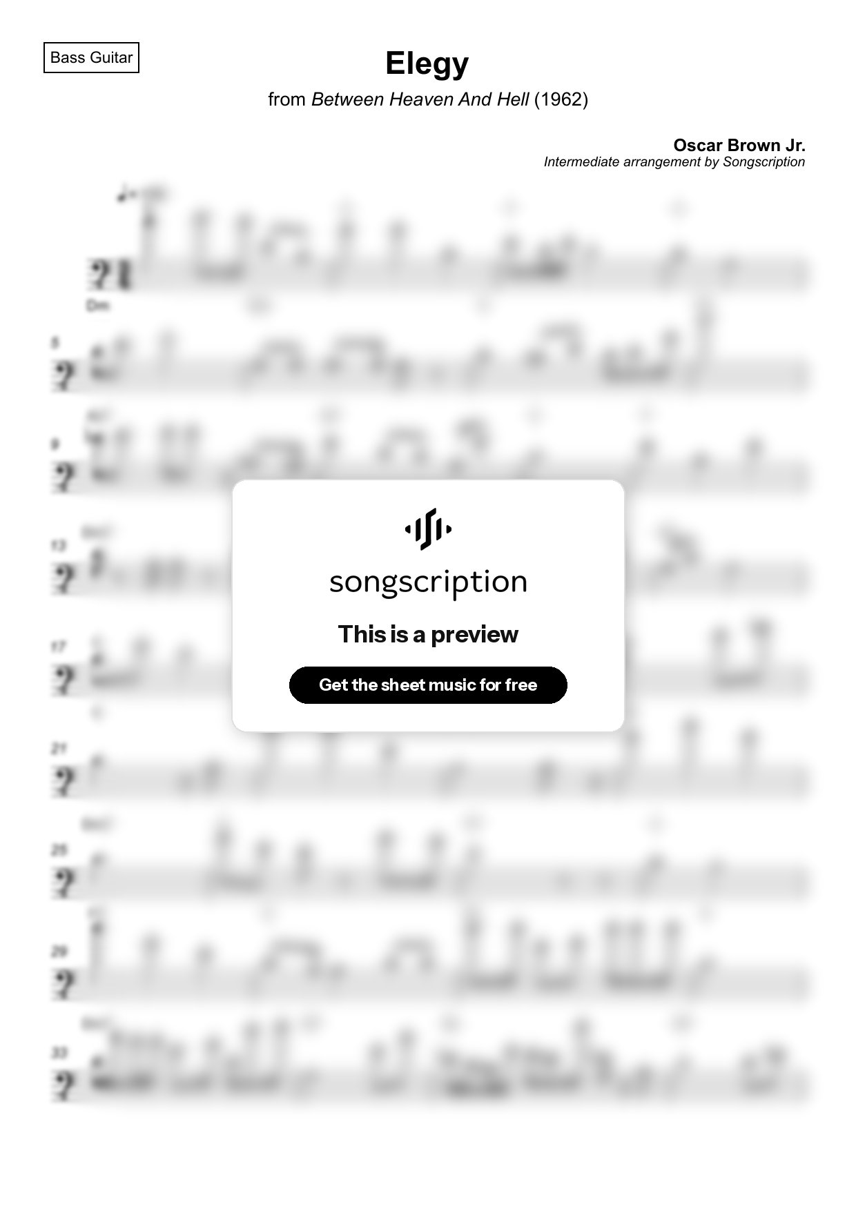 Intermediate Bass Guitar Sheet Music for "Elegy" by Oscar Brown Jr.