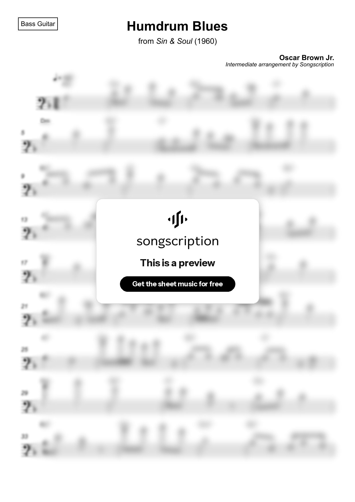 Intermediate Bass Guitar Sheet Music for "Humdrum Blues" by Oscar Brown Jr.