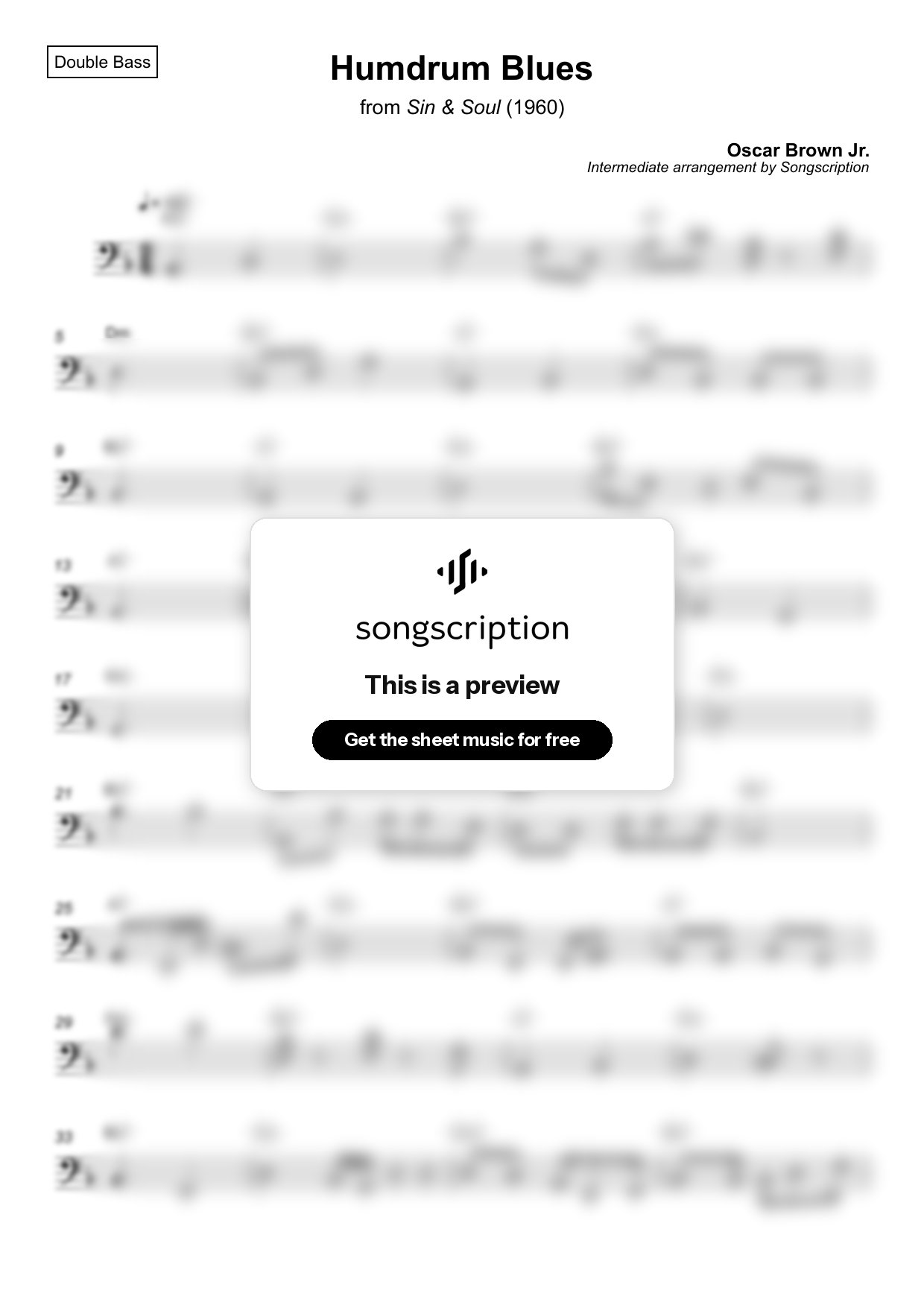Intermediate Double Bass Sheet Music for "Humdrum Blues" by Oscar Brown Jr.