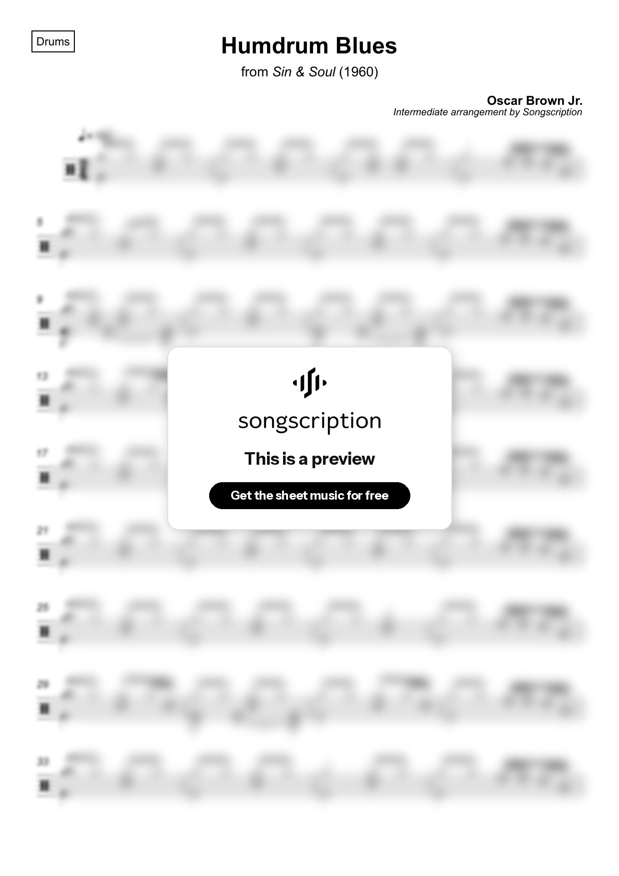 Intermediate Drums Sheet Music for "Humdrum Blues" by Oscar Brown Jr.