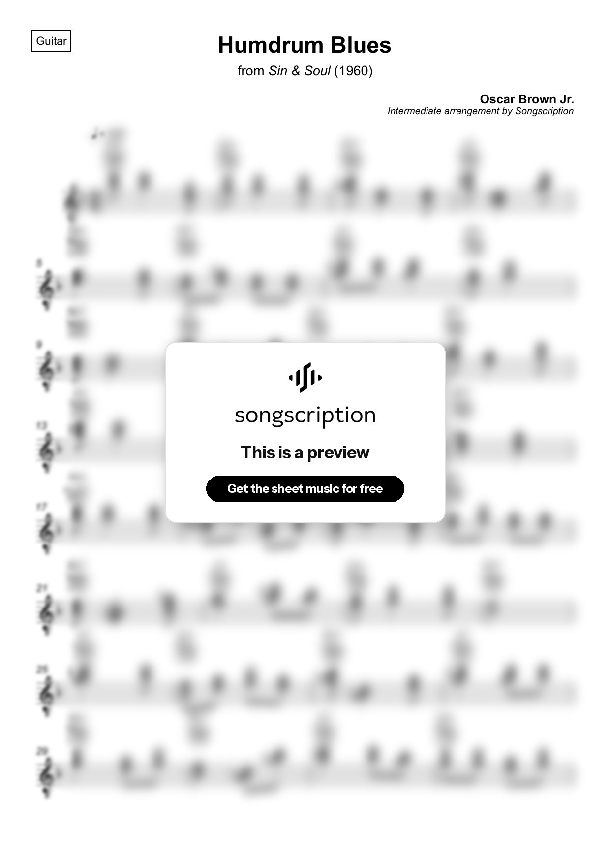 Intermediate Acoustic Guitar Sheet Music for "Humdrum Blues" by Oscar Brown Jr.