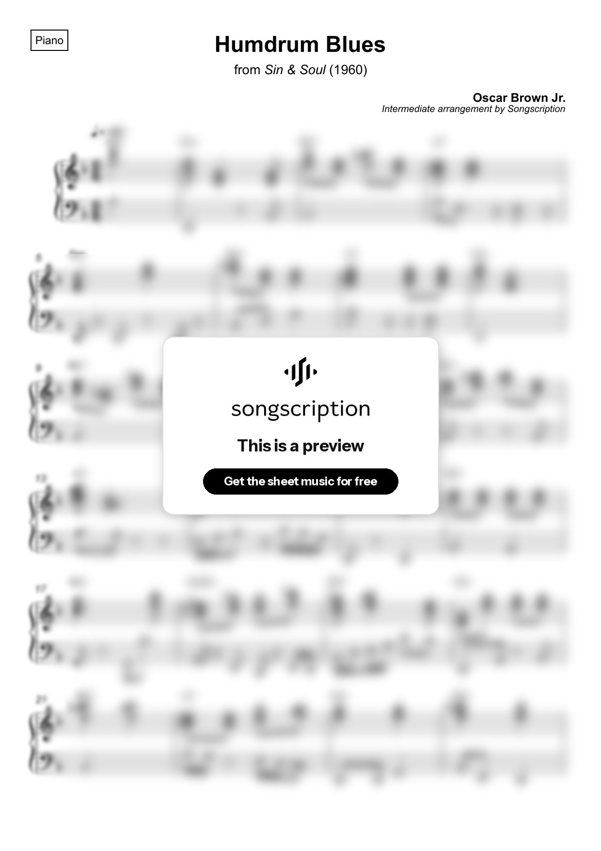 Intermediate Piano Sheet Music for "Humdrum Blues" by Oscar Brown Jr.
