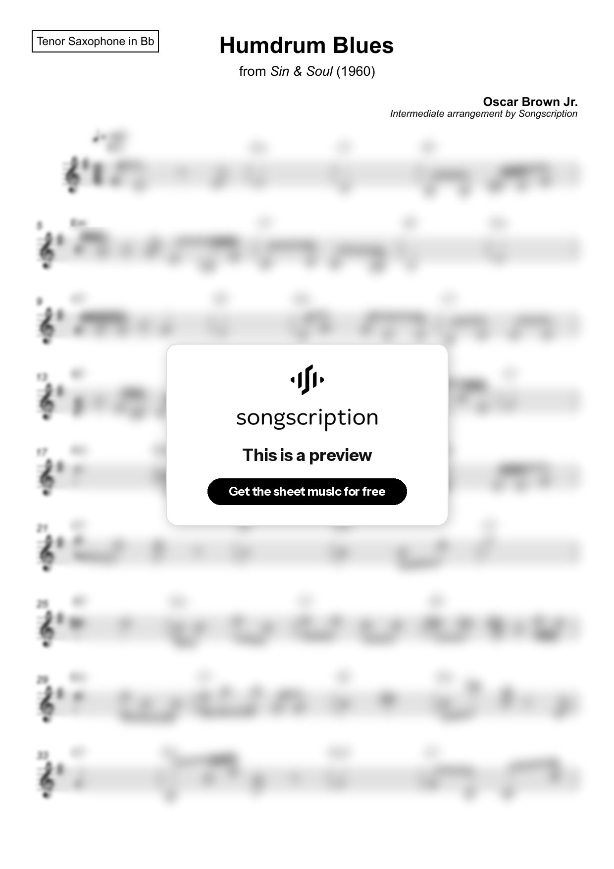 Intermediate Tenor Sax Sheet Music for "Humdrum Blues" by Oscar Brown Jr.