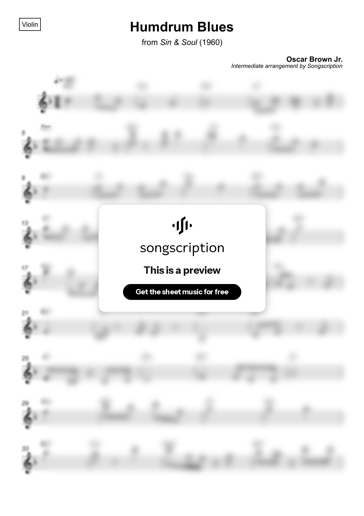 Intermediate Violin Sheet Music for "Humdrum Blues" by Oscar Brown Jr.