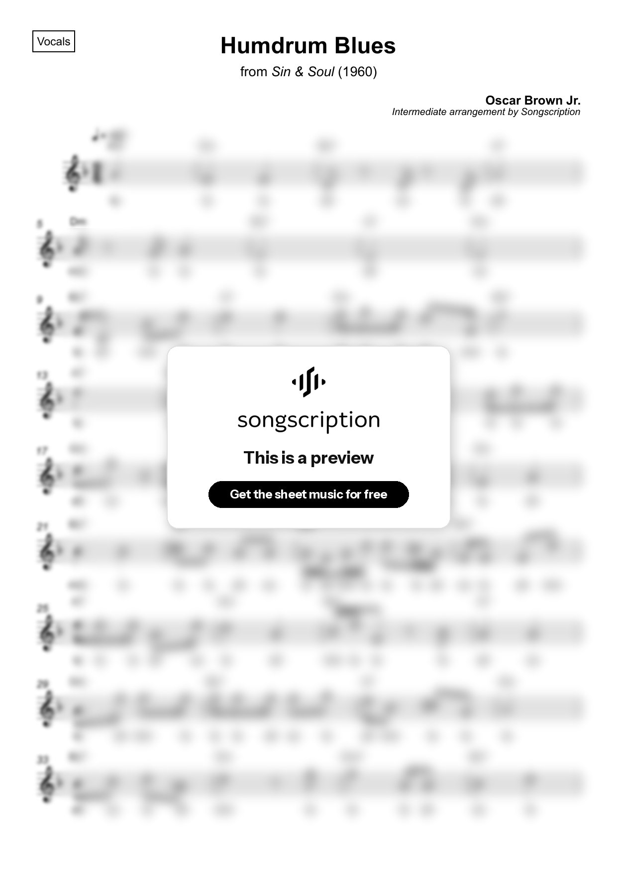 Intermediate Vocals Sheet Music for "Humdrum Blues" by Oscar Brown Jr.