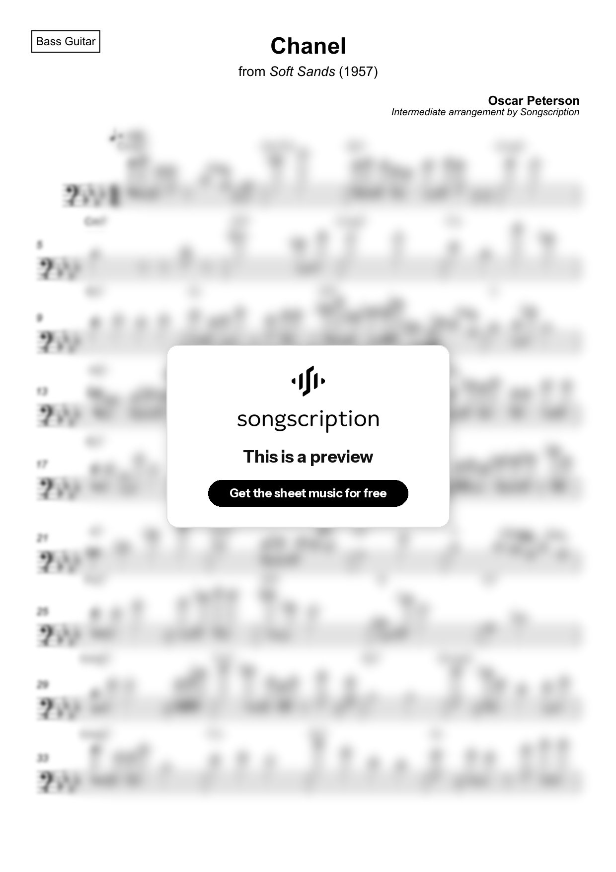 Intermediate Bass Guitar Sheet Music for "Chanel" by Oscar Peterson