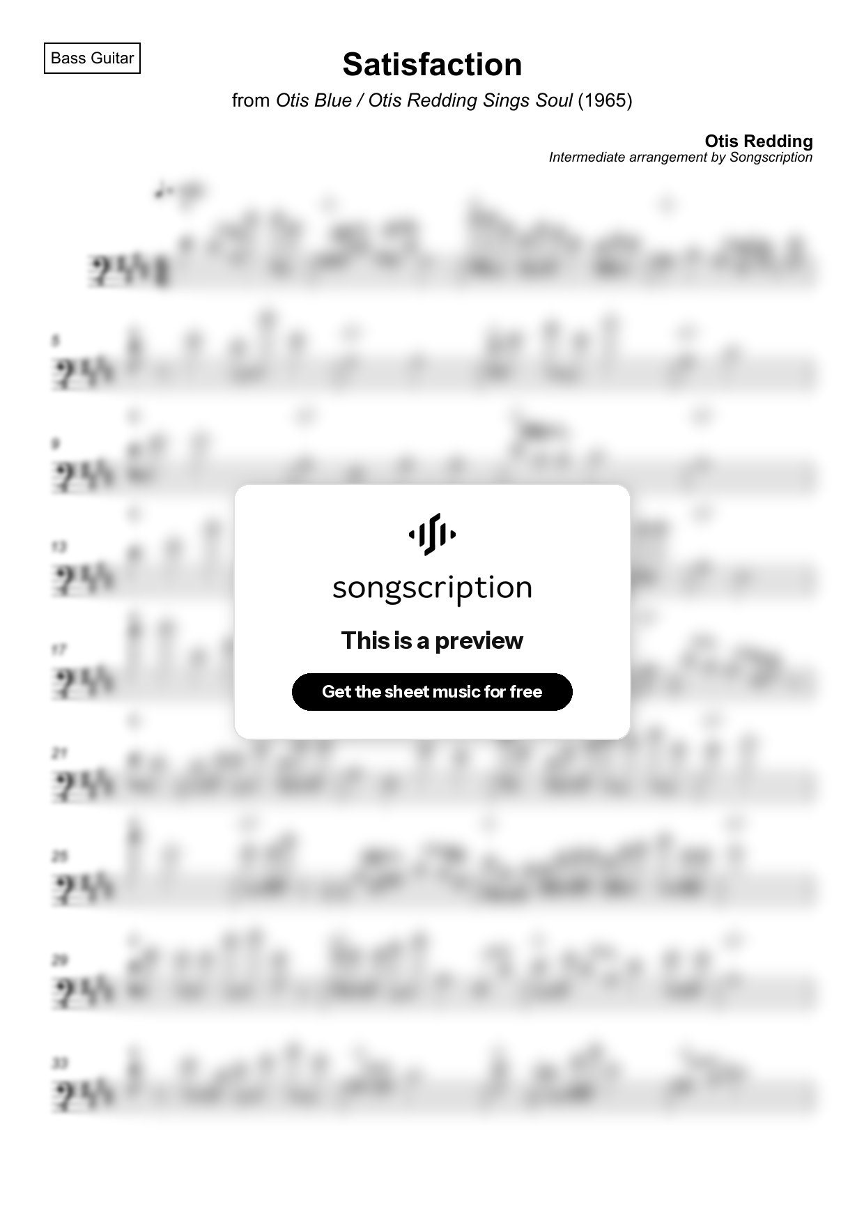 Intermediate Bass Guitar Sheet Music for "Satisfaction" by Otis Redding