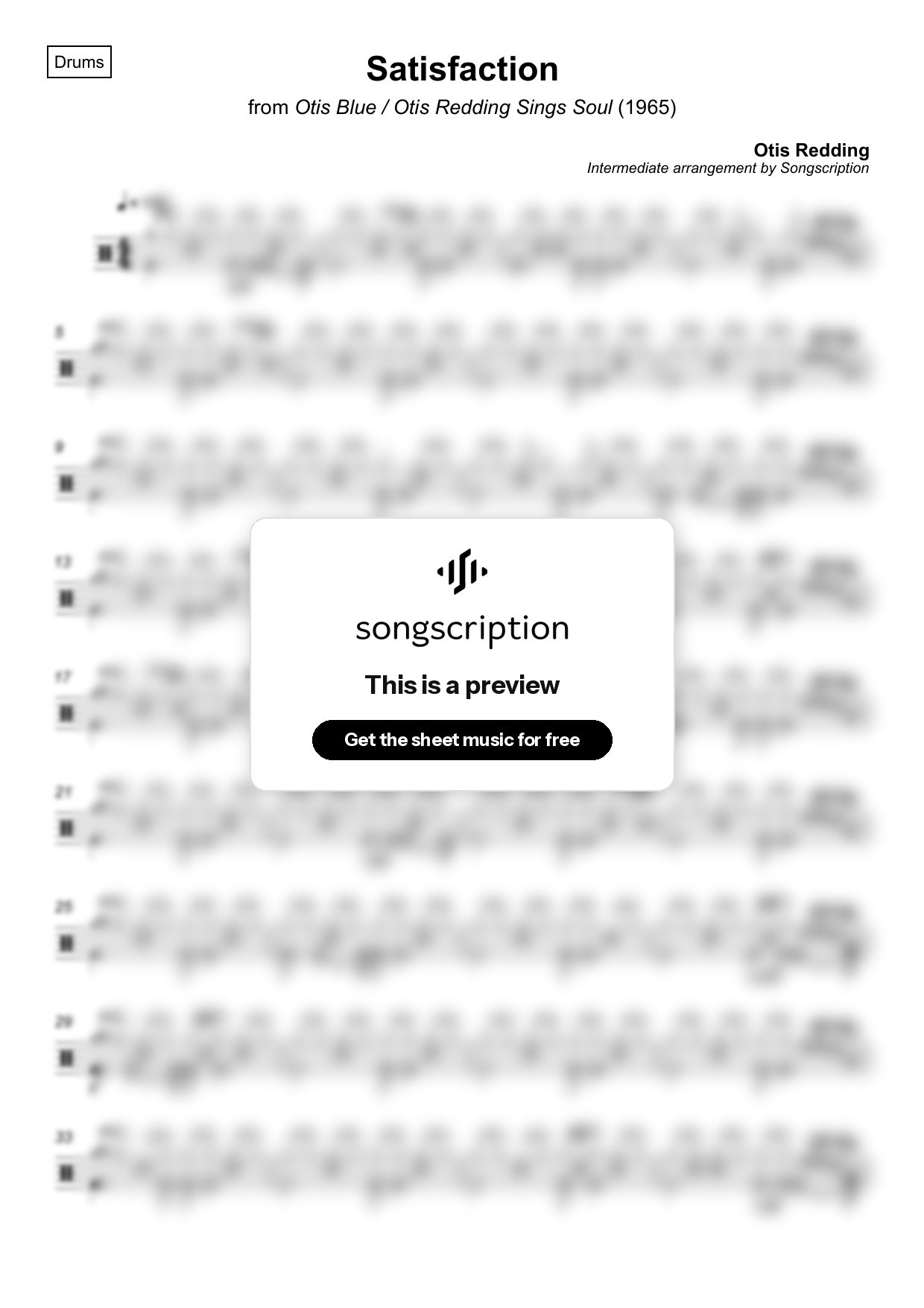 Intermediate Drums Sheet Music for "Satisfaction" by Otis Redding