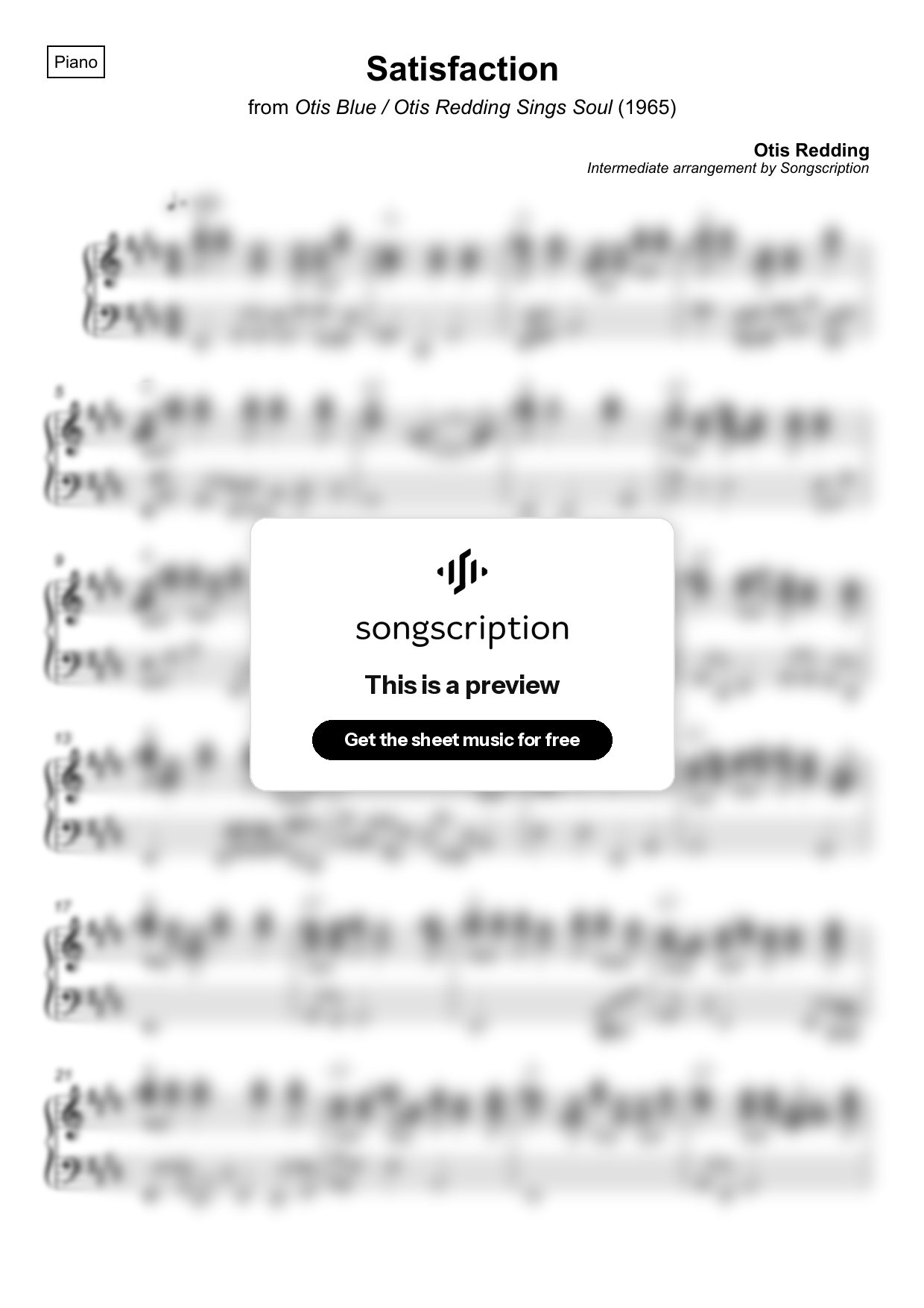 Intermediate Piano Sheet Music for "Satisfaction" by Otis Redding