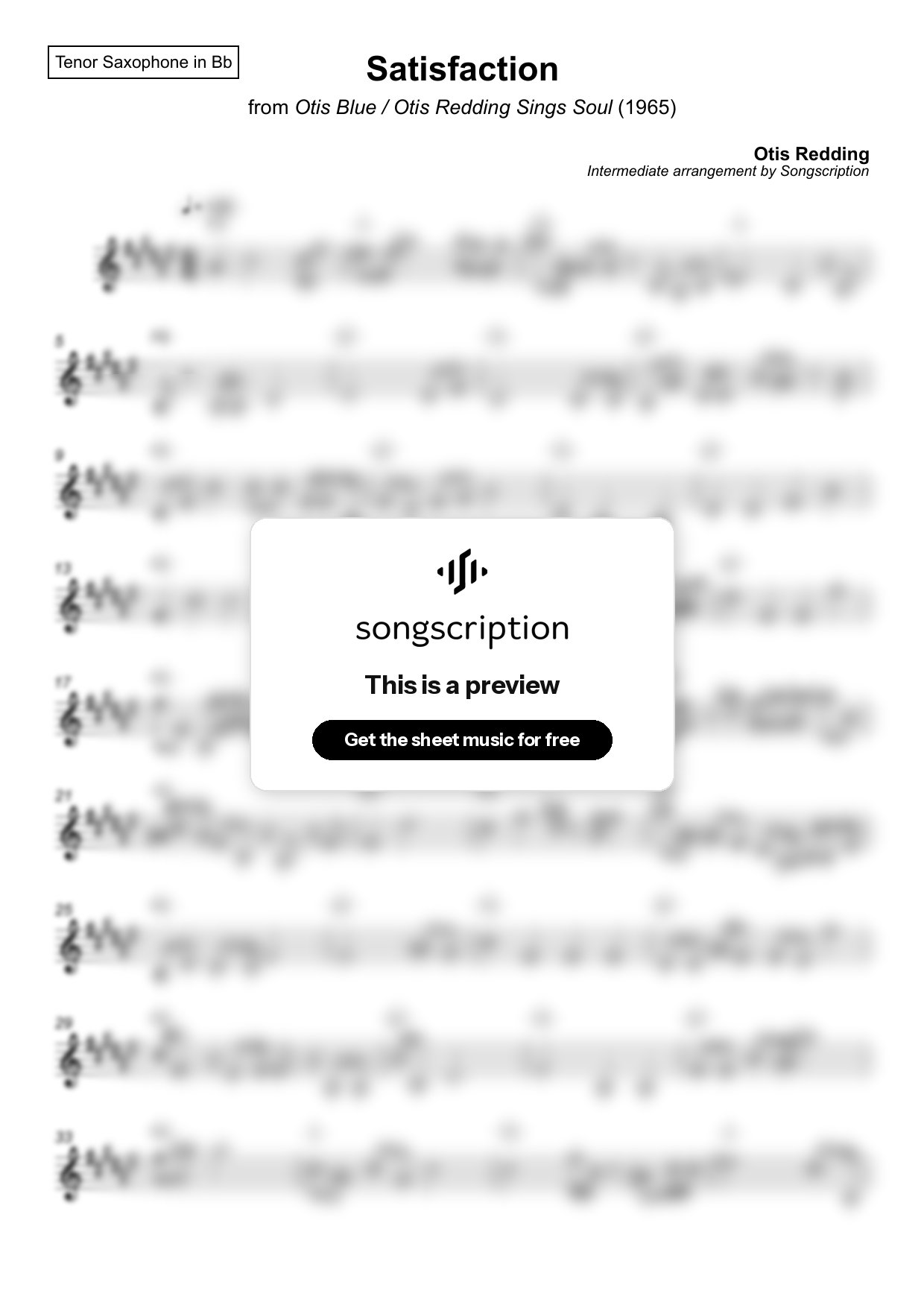Intermediate Tenor Sax Sheet Music for "Satisfaction" by Otis Redding