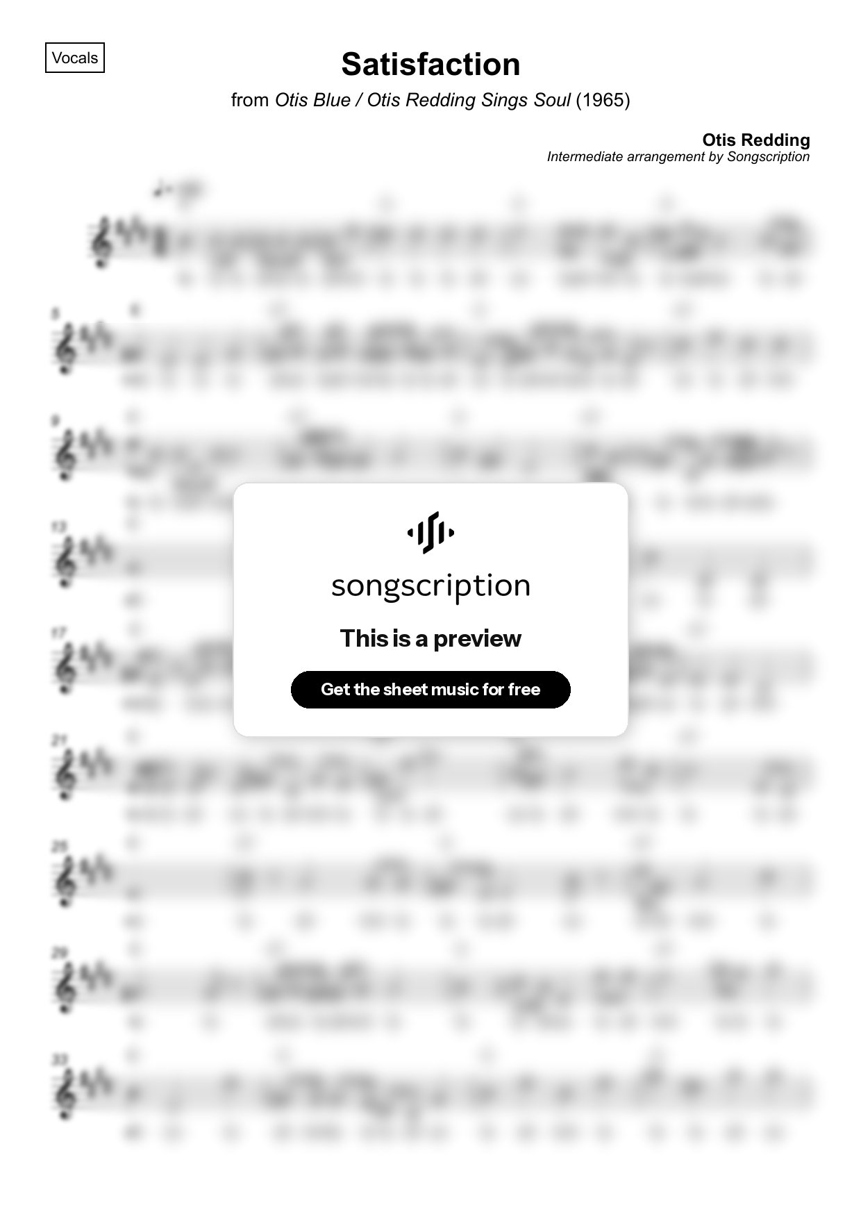 Intermediate Vocals Sheet Music for "Satisfaction" by Otis Redding