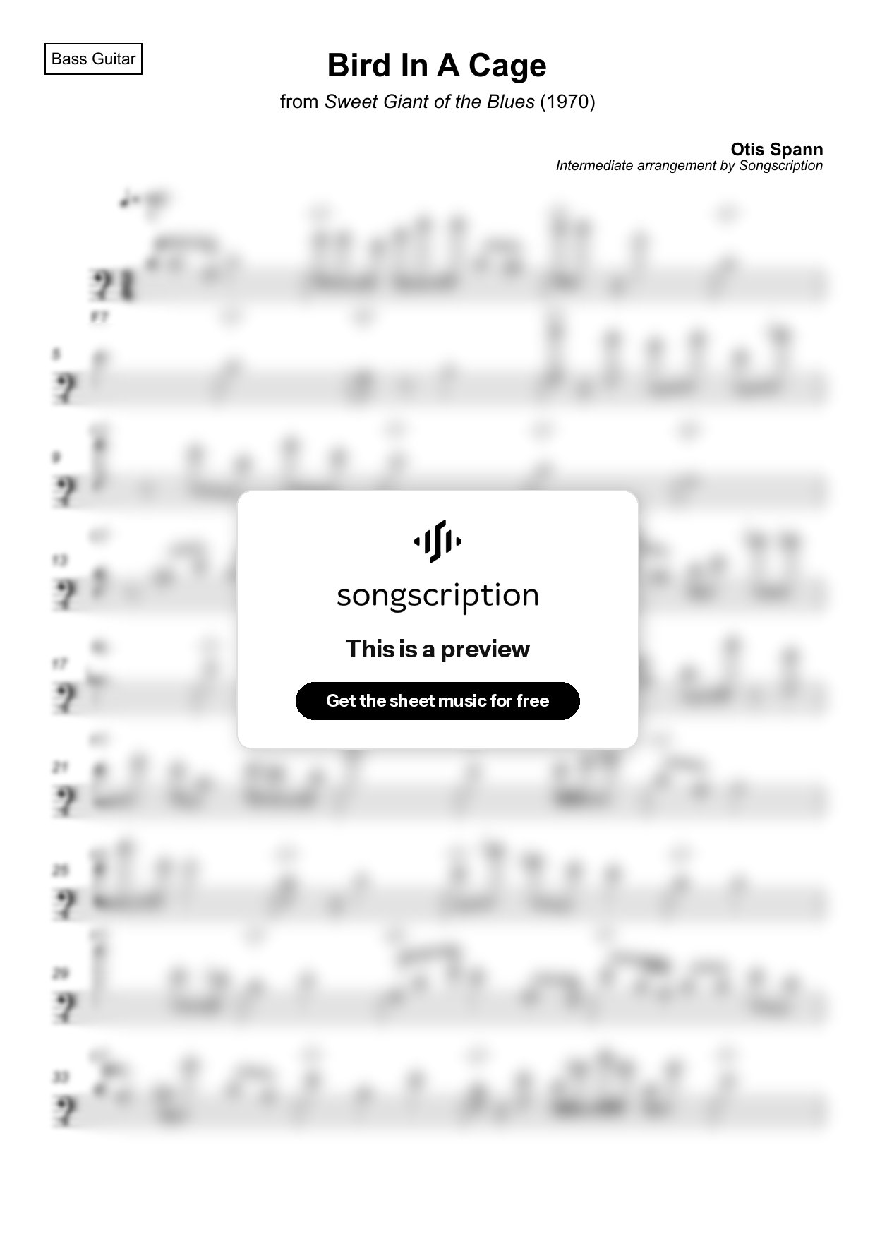 Intermediate Bass Guitar Sheet Music for "Bird In A Cage" by Otis Spann