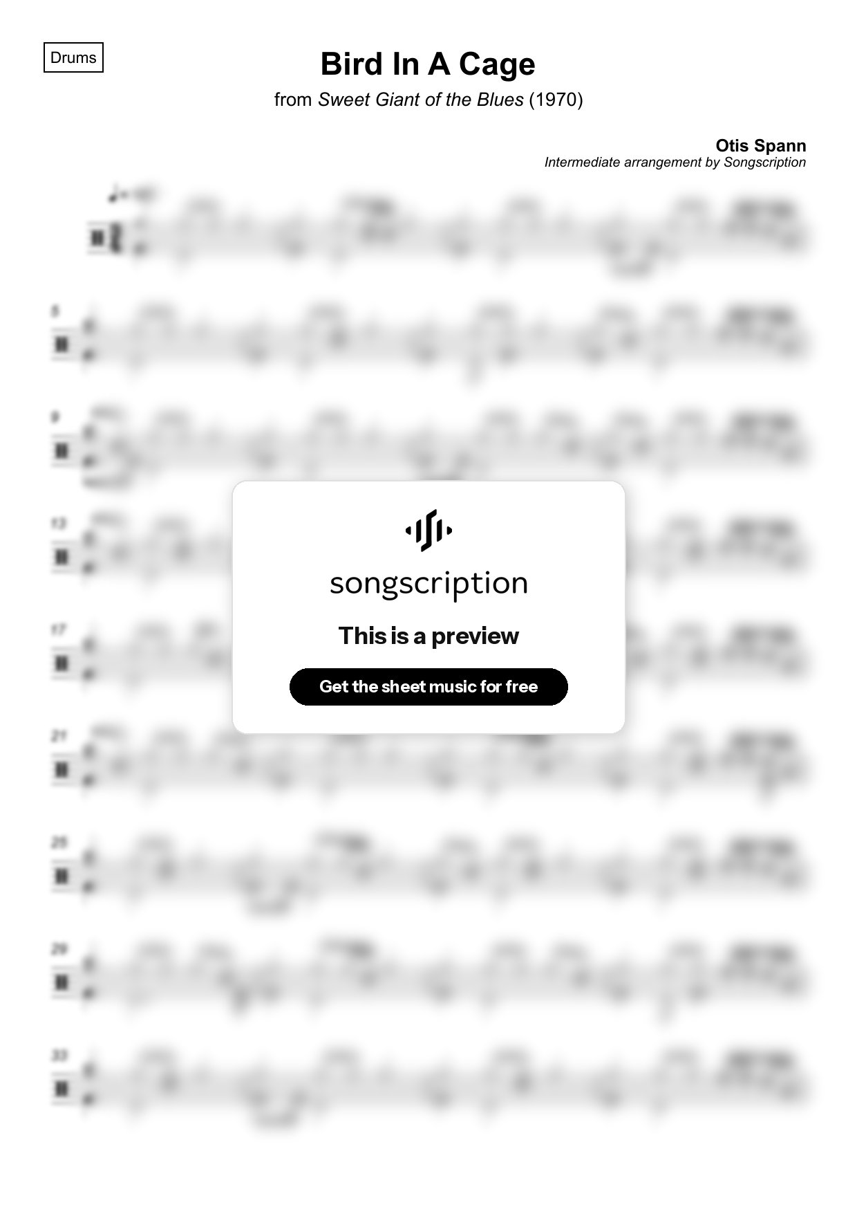 Intermediate Drums Sheet Music for "Bird In A Cage" by Otis Spann