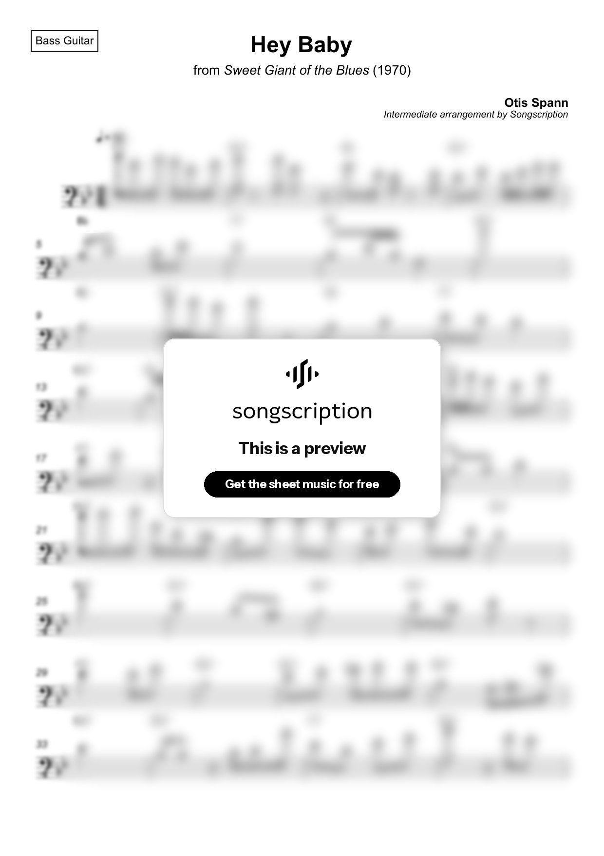 Intermediate Bass Guitar Sheet Music for "Hey Baby" by Otis Spann